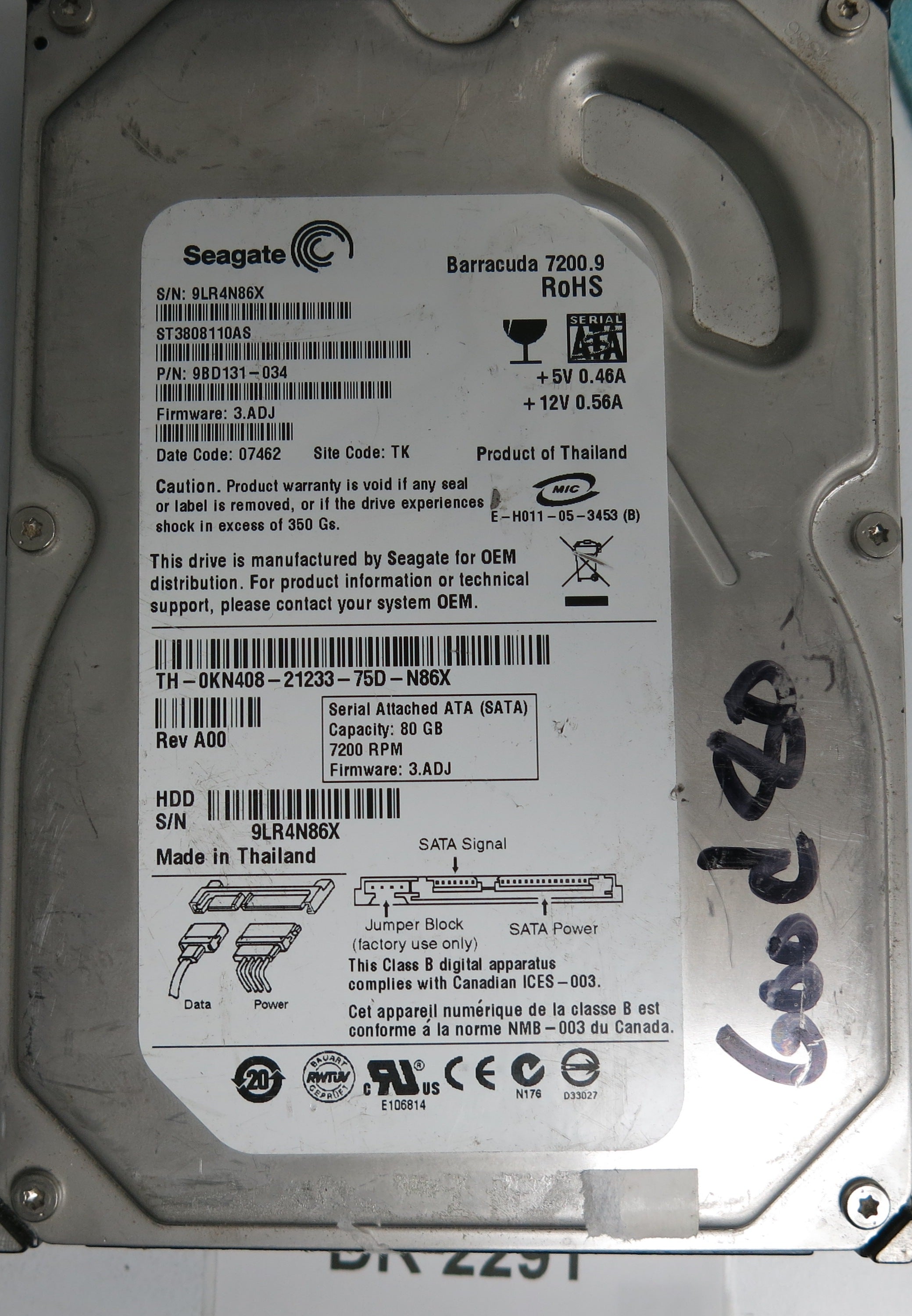 ST3808110AS, P/N: 9BD131-034, FW: 3.ADJ, Serial: 9LR4N86X, 80GB 3.5, PCB: 100387575 REV D