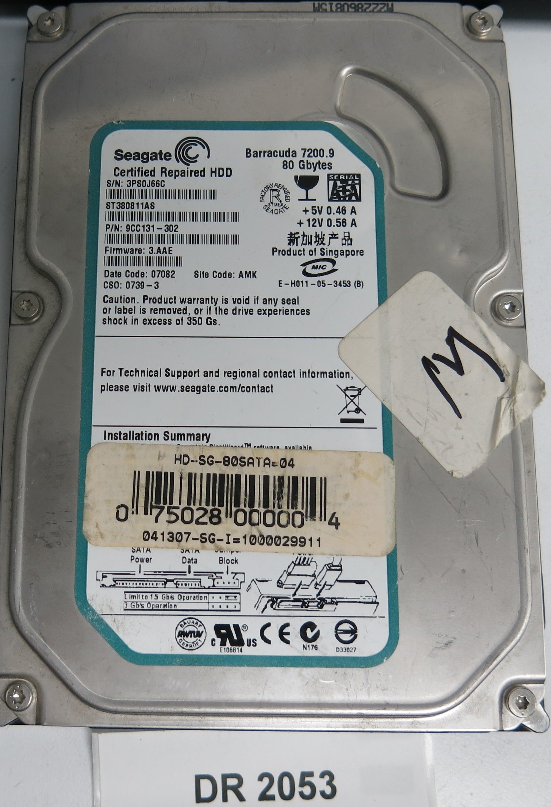 ST380811AS P/N: 9CC131-302 FW: 3.AAE Serial: 3PS0J66C 80GB 3.5 PCB: 100390920 REV C