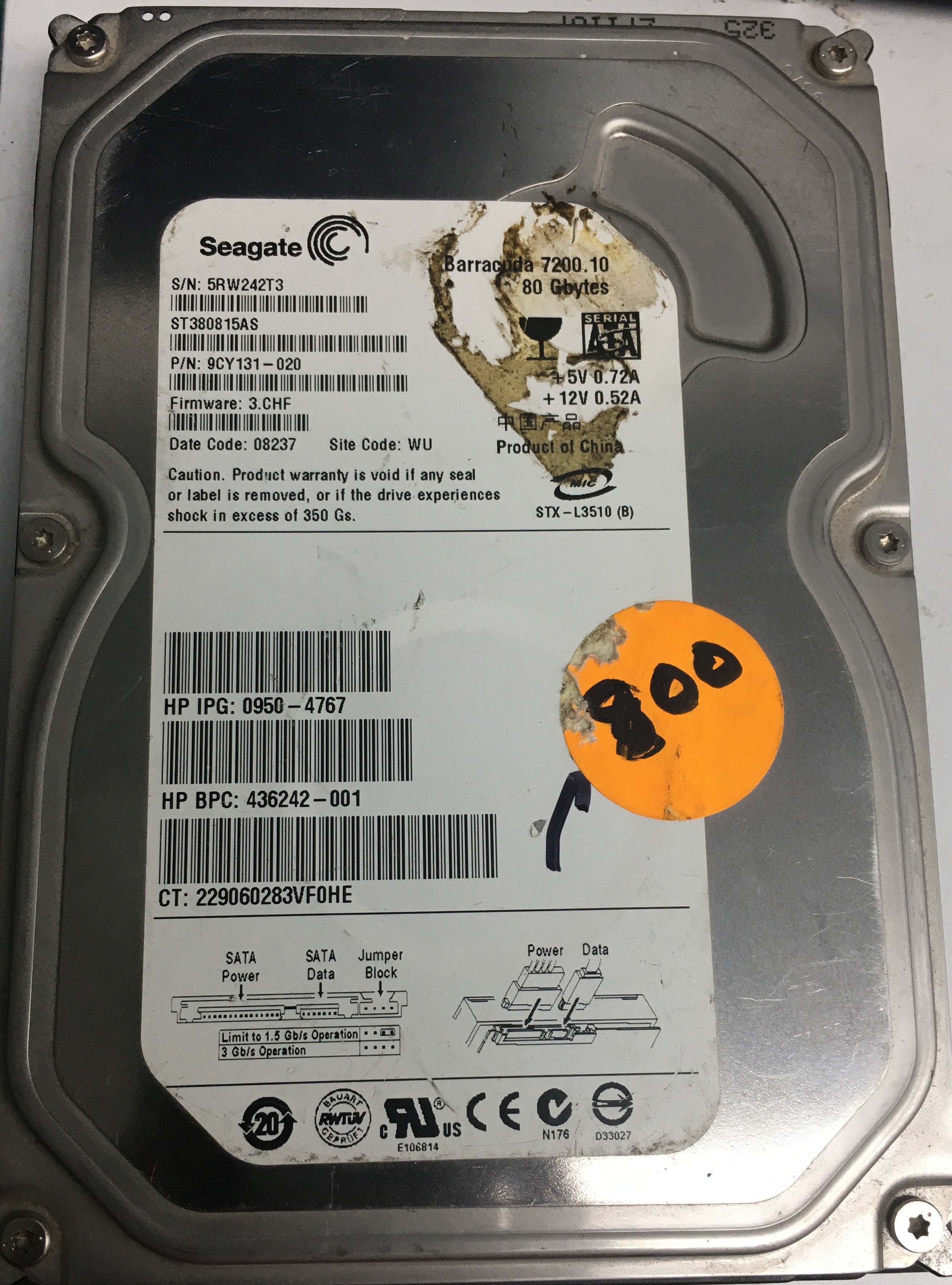 ST380815AS, P/N:  9CY131-020, FW: 3.CHF, Serial: 5RW242T3, 80GB 3.5