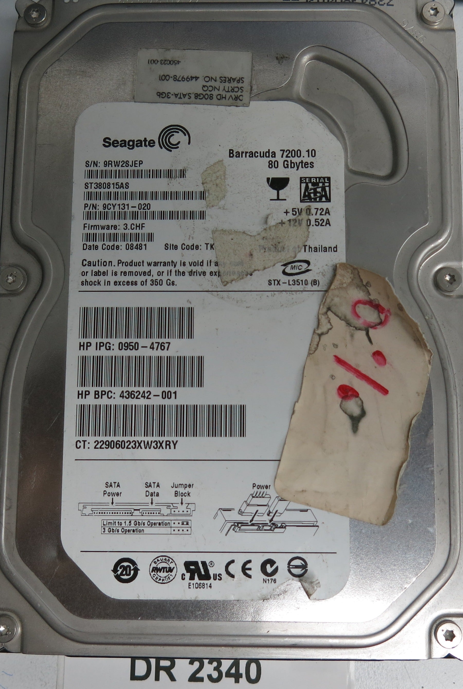 ST380815AS P/N: 9CY131-020 FW: 3.CHF Serial: 9RW2SJEP 80GB 3.5