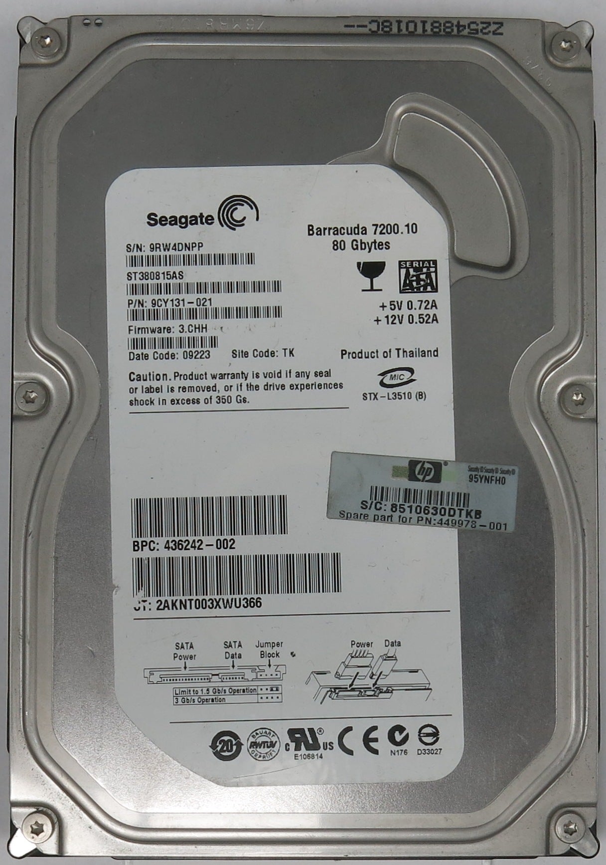ST380815AS, P/N: 9CY131-021, FW: 3.CHH, Serial: 9RW4DNPP, 80GB 3.5, PCB: 100428473 REV C