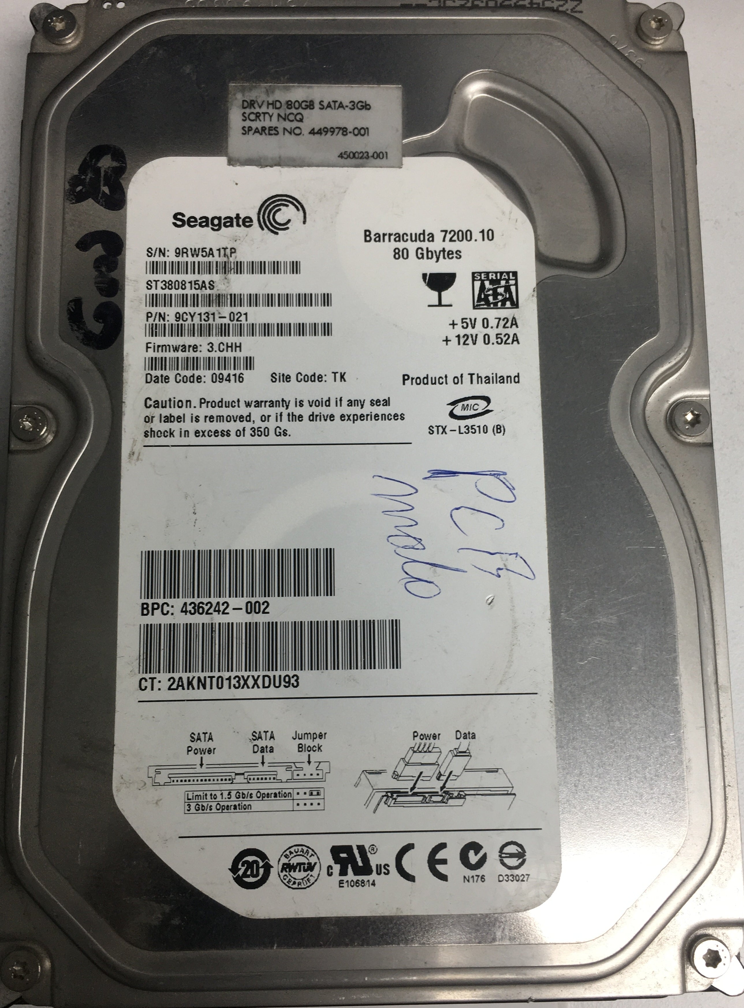 ST380815AS, P/N: 9CY131-021, FW: 3.CHH, Serial: 9RW5A1TP, 80GB 3.5