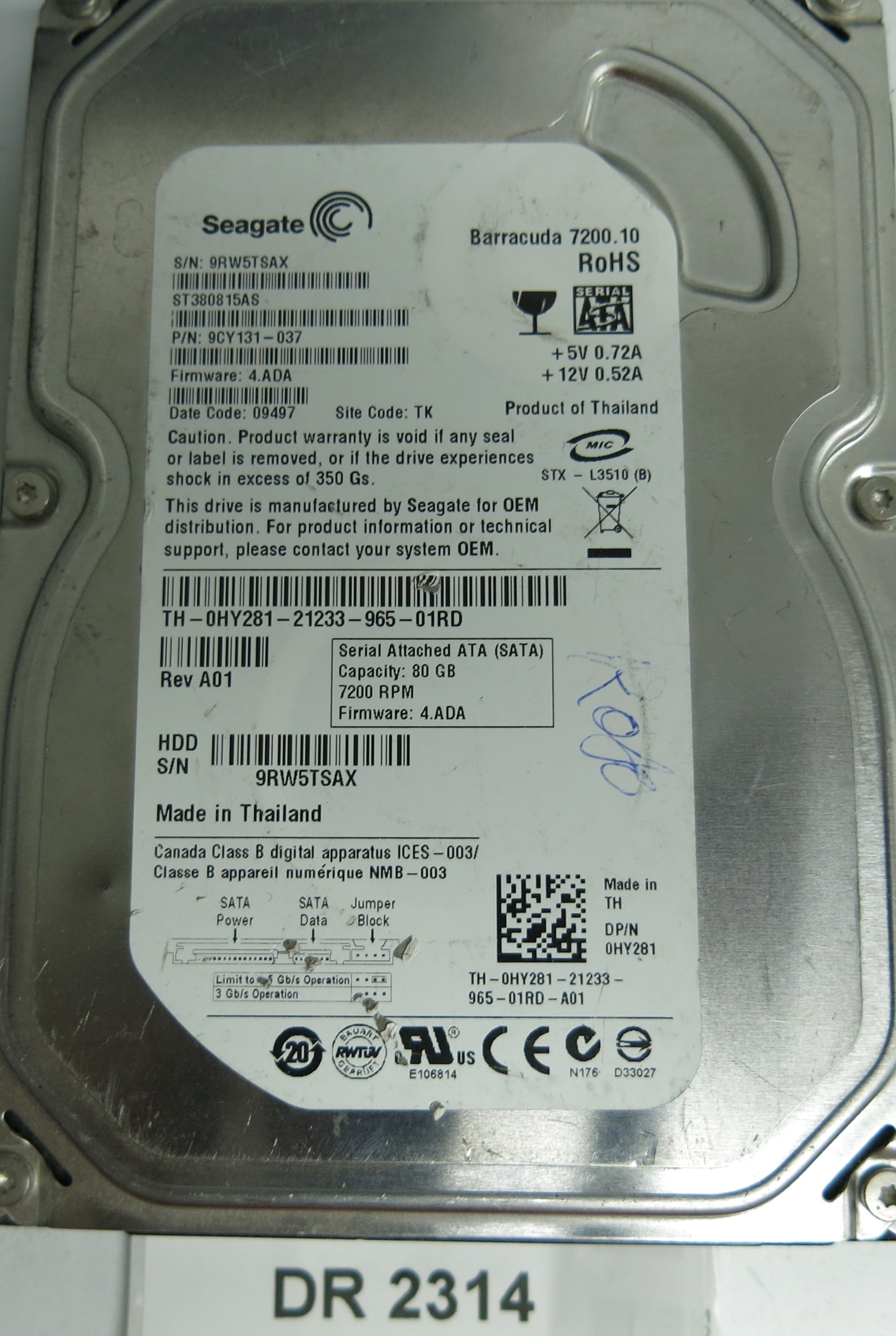 ST380815AS, P/N: 9CY131-037, FW: 4.ADA, Serial: 9RW5TSAX, 80GB 3.5