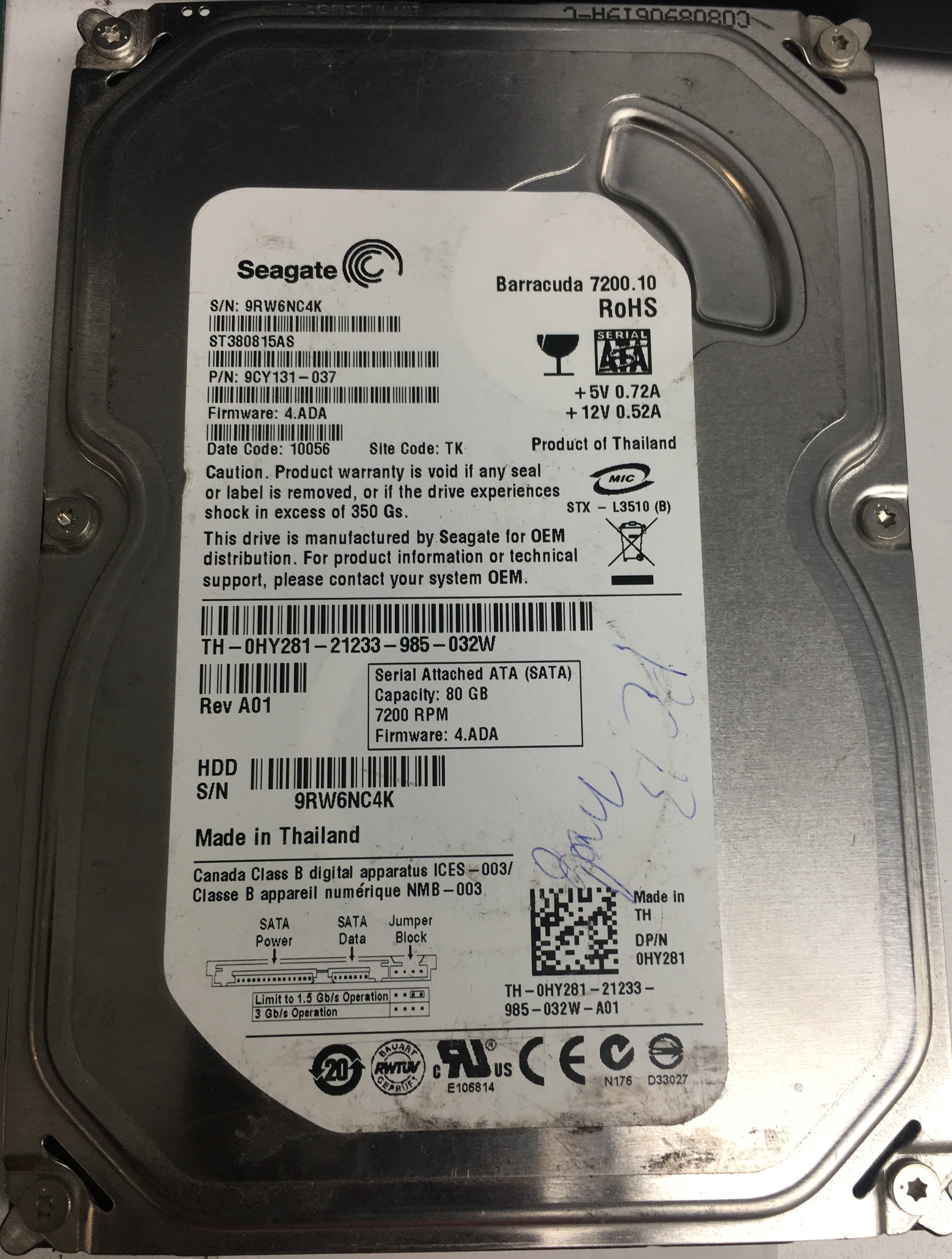 ST380815AS P/N: 9CY131-037 FW: 4.ADA Serial: 9RW6NC4K 80GB 3.5 PCB: 100470387 REV B