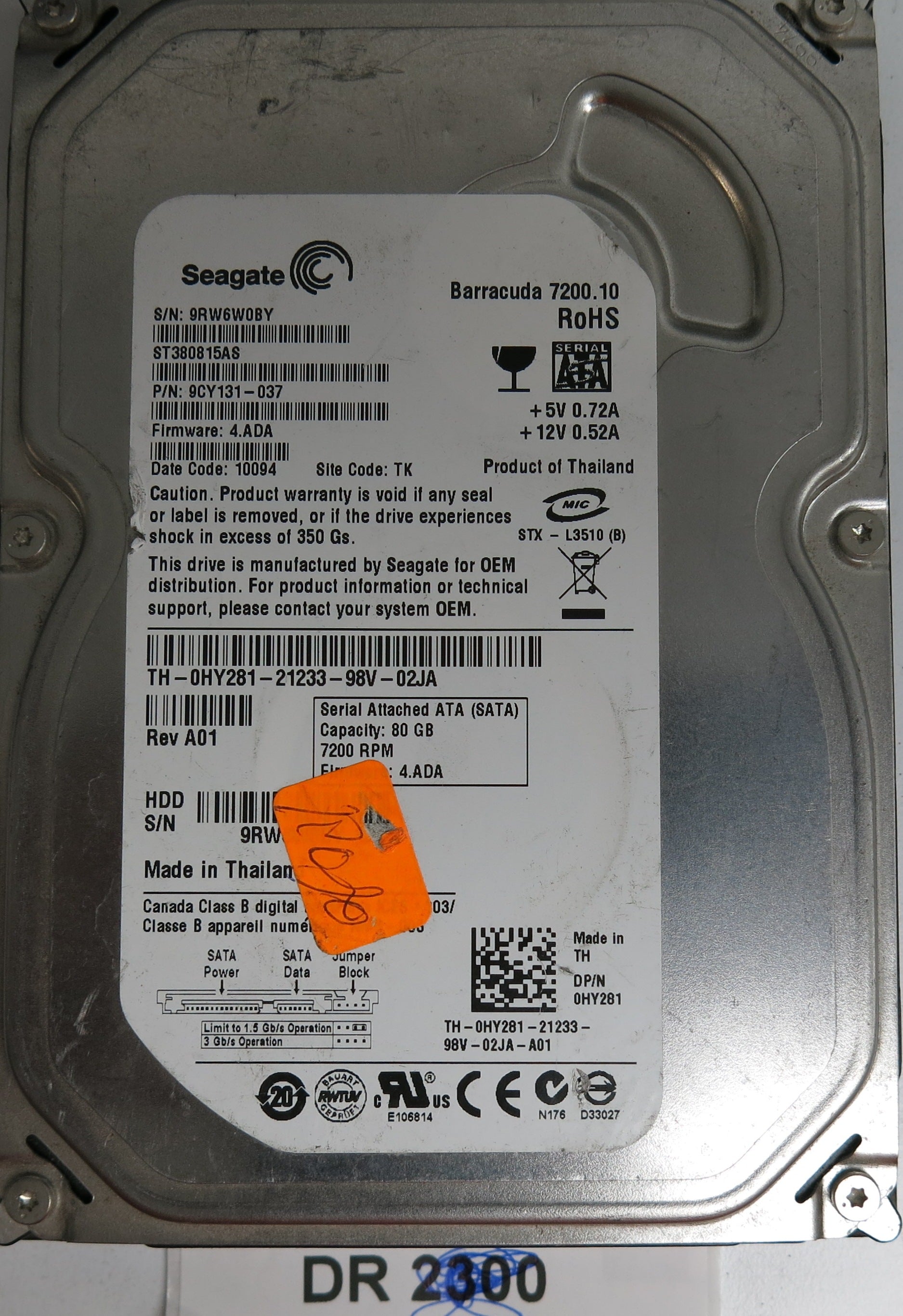 ST380815AS, P/N: 9CY131-037, FW: 4.ADA, Serial: 9RW6W0BY, 80GB 3.5, PCB: 100470387 REV B