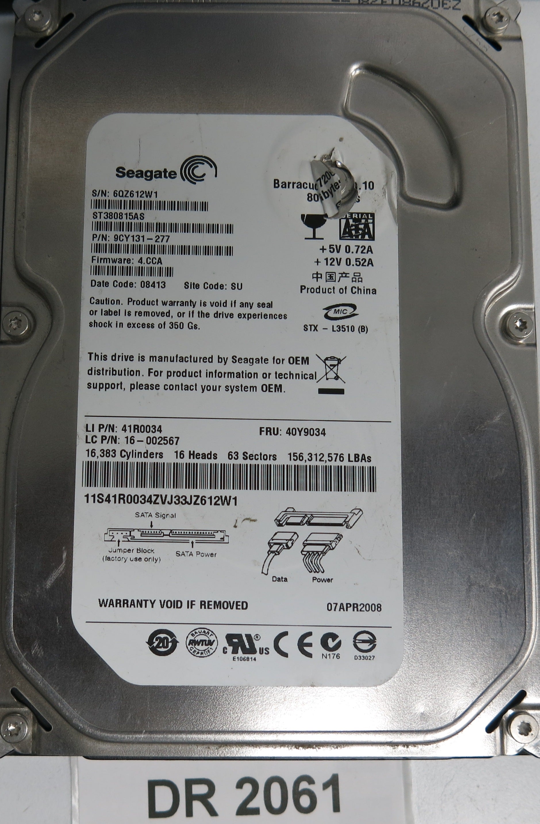 ST380815AS P/N: 9CY131-277 FW: 4.CCA Serial: 6QZ612W1 80GB 3.5 PCB: 100470387 REV B