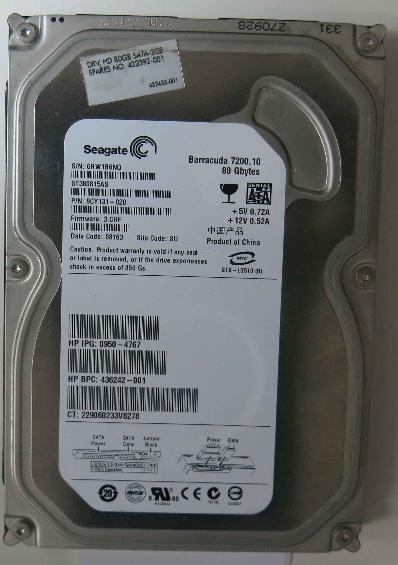 ST380815AS,  Serial:6RW1B6NQ,  80GB 3.5,  PCB:100428473- REV C