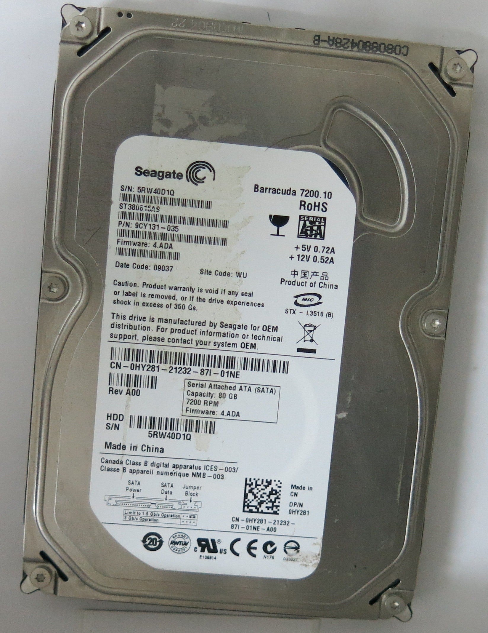 ST380815AS,  P/N:9CY131-035,  FW:4.ADA,  Serial:5RW40D1Q,  80GB 3.5,  PCB:100470387- REV B