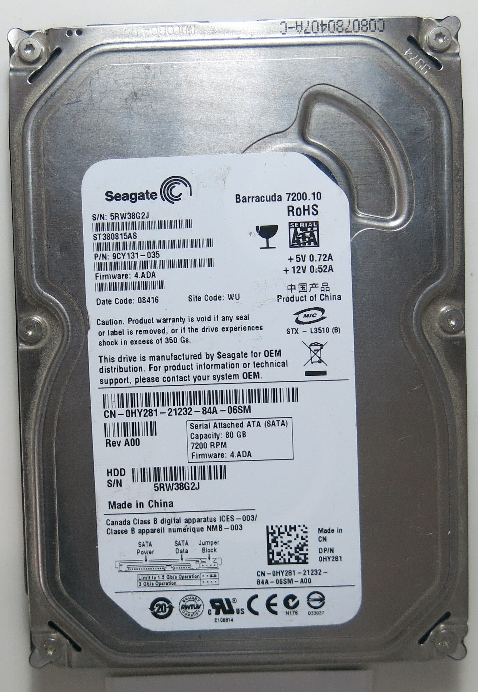 ST380815AS PCB: 100470387 REV B SERIAL NUMBER: 5RW38G2J PN 9CY131-035  FW 4.ADA  80GB