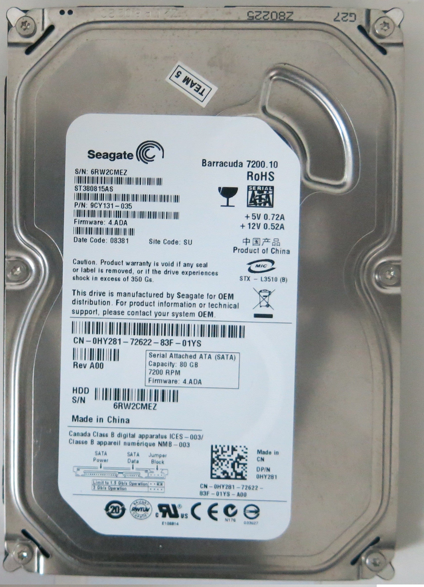 ST380815AS PN 9CY131-035FW 4.ADA 80GB