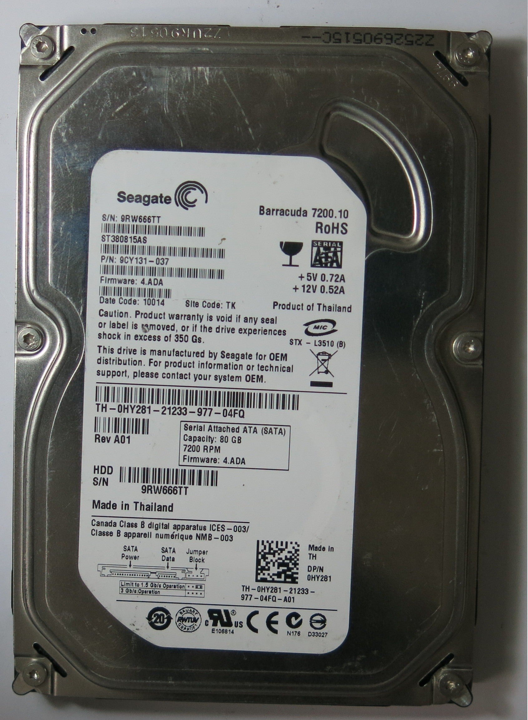 ST380815AS PCB: 100470387 REV B SERIAL NUMBER: 9RW666TT PN 9CY131-037 FW 4.ADA 80GB
