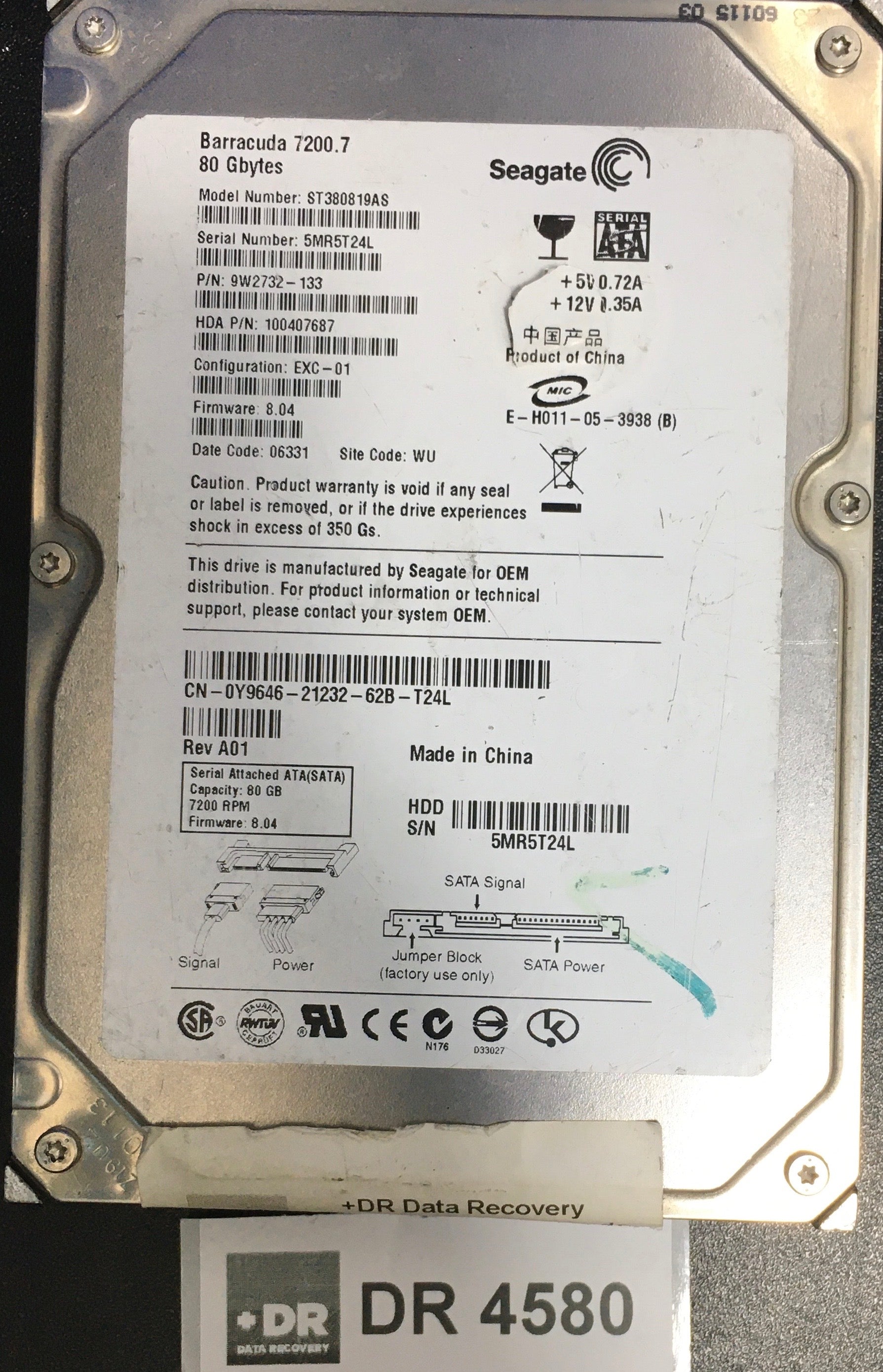 ST380819AS,  P/N: 9W2732-133,  FW: 8.04,  Serial: 5MR5T24L,  80GB 3.5,  PCB:100331803- REV B