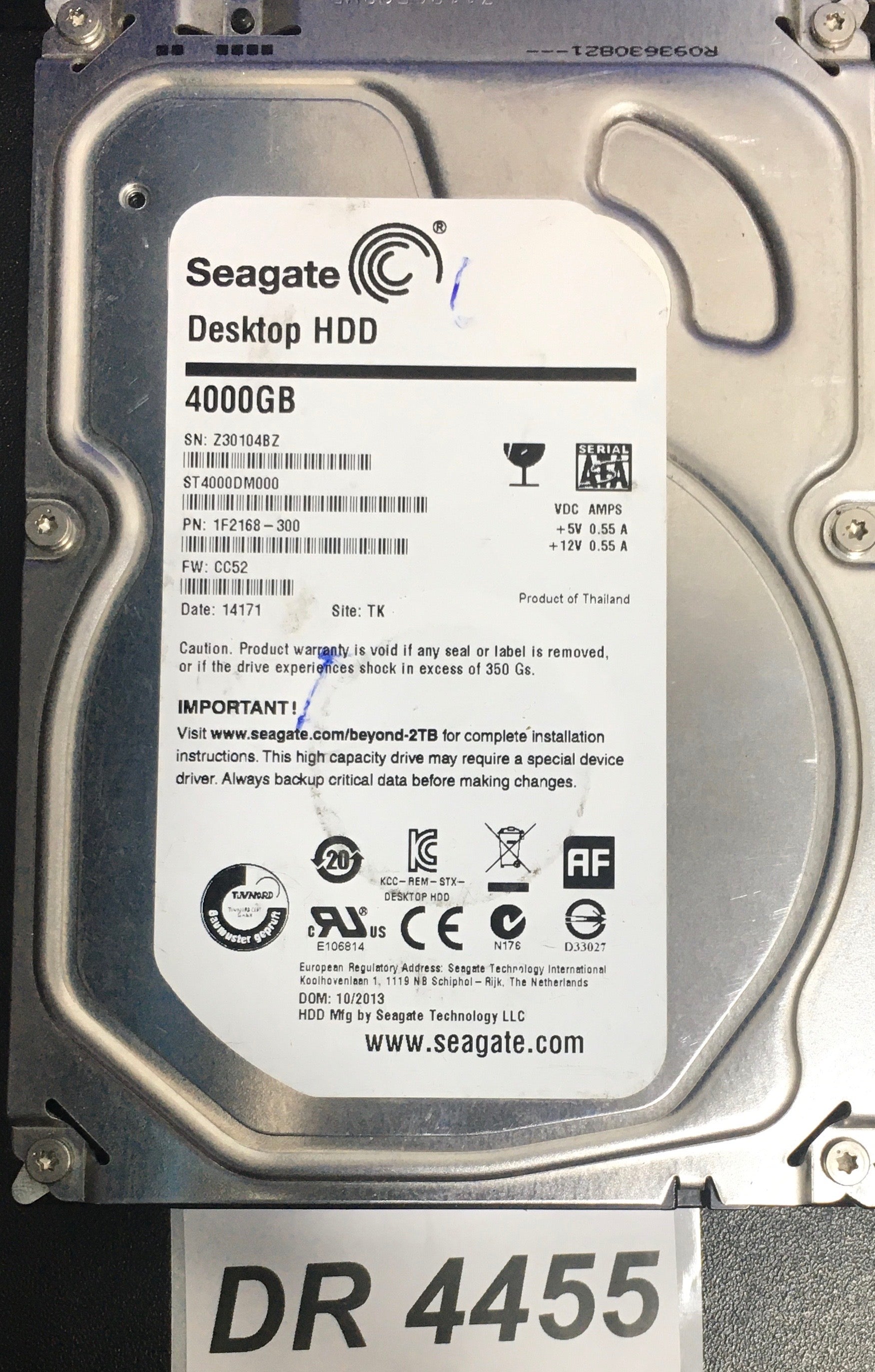 ST4000DM000 P/N:  1F2168-300  FW:CC52 Serial: Z30104BZ  4000GB 3.5  PCB: 100710248 REV C