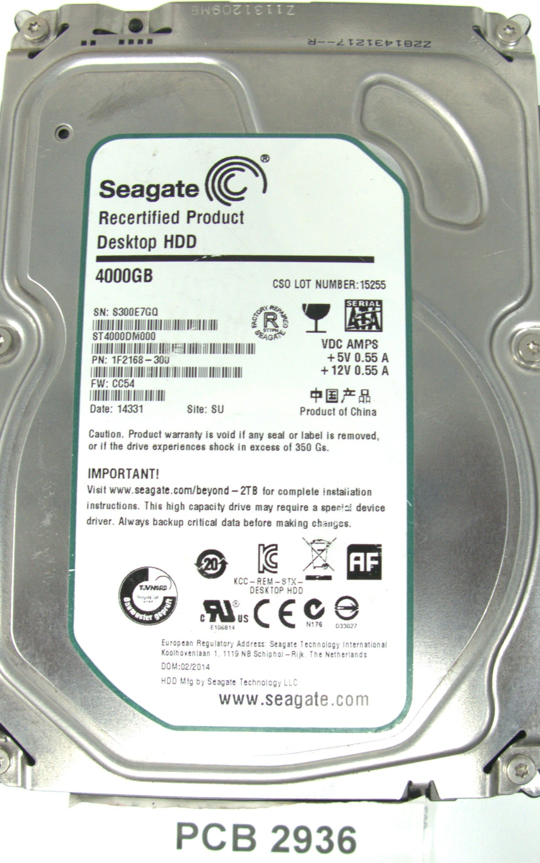 ST4000DM000 P/N: 1F2168-300, FW: CC54, Serial: S300E7GQ, 4000GB 3.5, PCB: 100710248 REV C