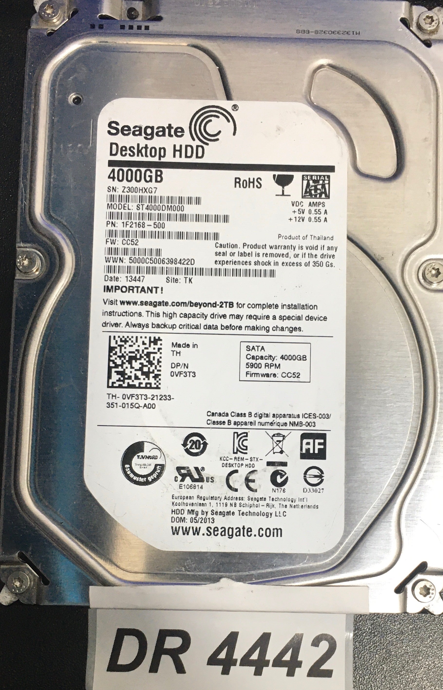 ST4000DM000 P/N:  1F2168-500  FW:CC52 Serial Number:Z300HXG7   4000GB 3.5  PCB: 100710248 REV A