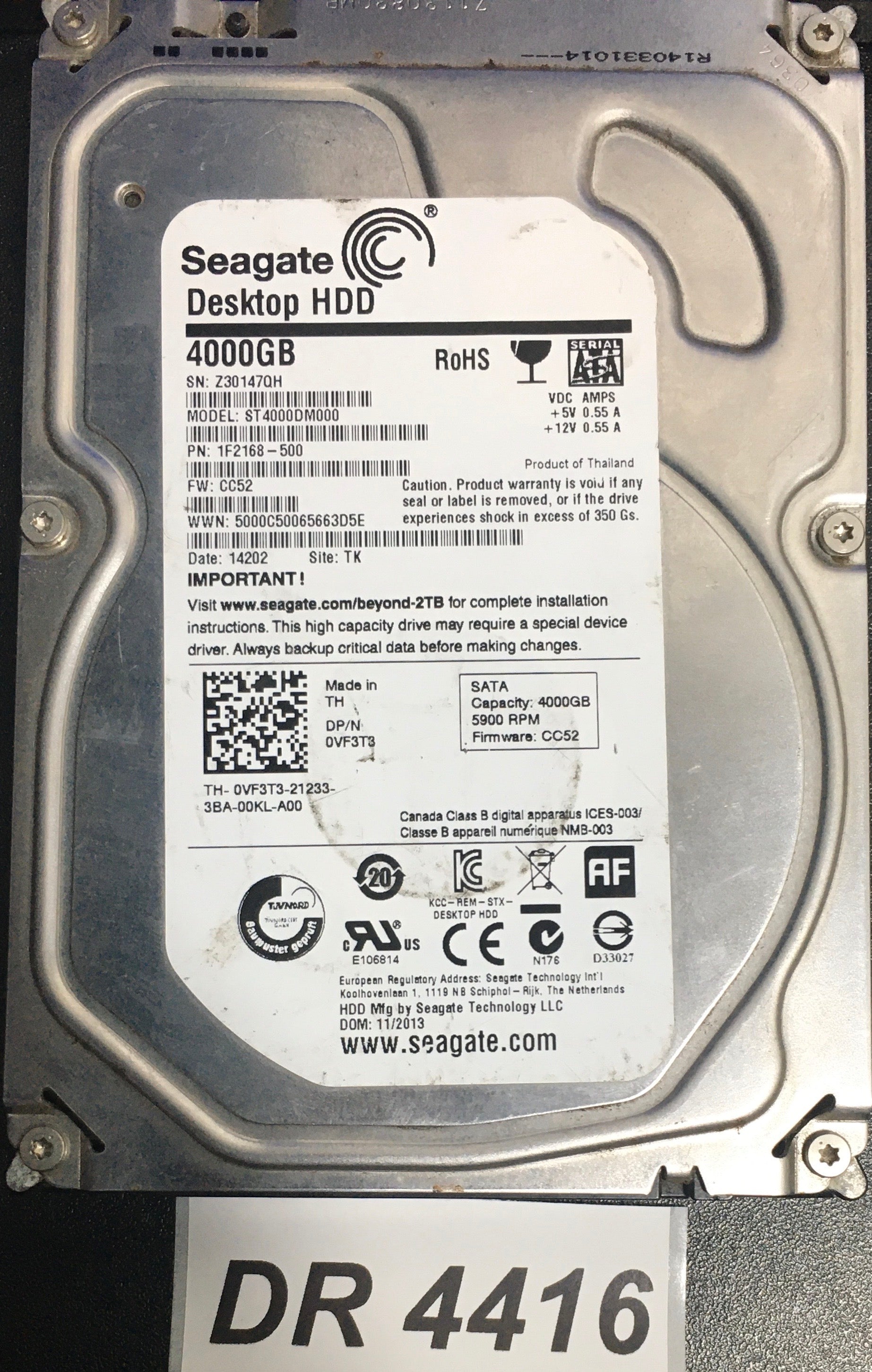 ST4000DM000 P/N:  1F2168-500  FW:CC52 Serial Number: Z30147QH  4000GB 3.5  PCB: 100710248 REV C