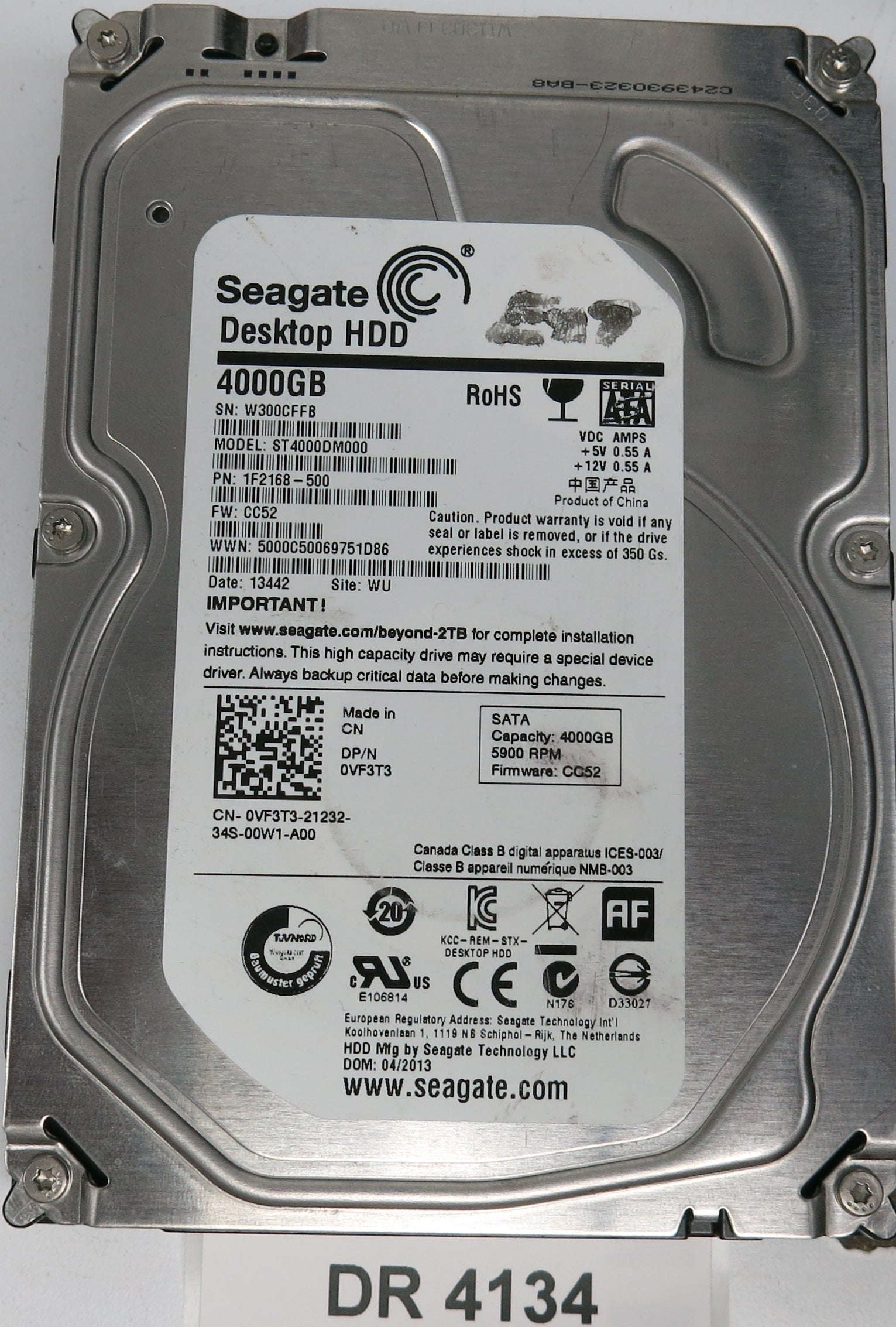 ST4000DM000, P/N: 1F2168-500, FW: CC52, Serial: W300CFFB, 4000GB 3.5, PCB: 100710248 REV B