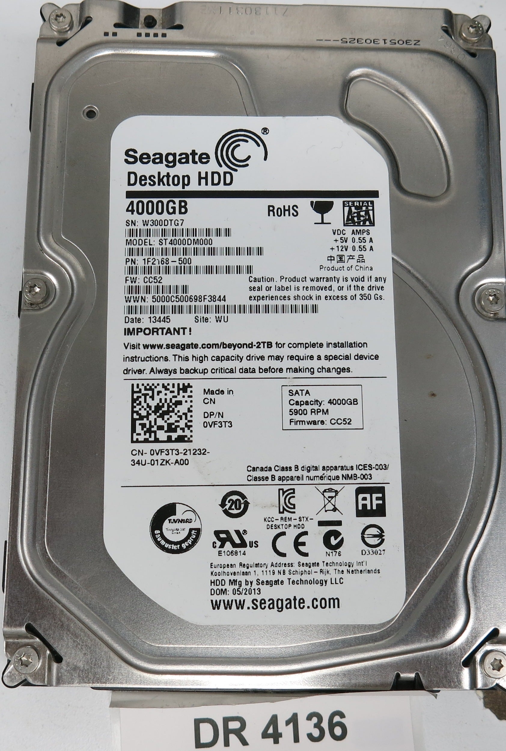 ST4000DM000, P/N: 1F2168-500, FW: CC52, Serial: W300DTG7, 4000GB 3.5, PCB: 100710248 REV B
