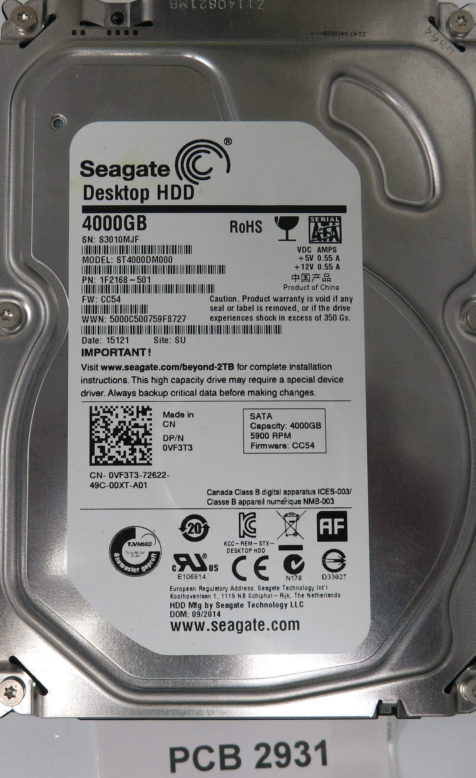ST4000DM000, P/N: 1F2168-501, FW: CC54, Serial: S3010MJF 4000GB, 3.5, PCB: 100710248 REV C