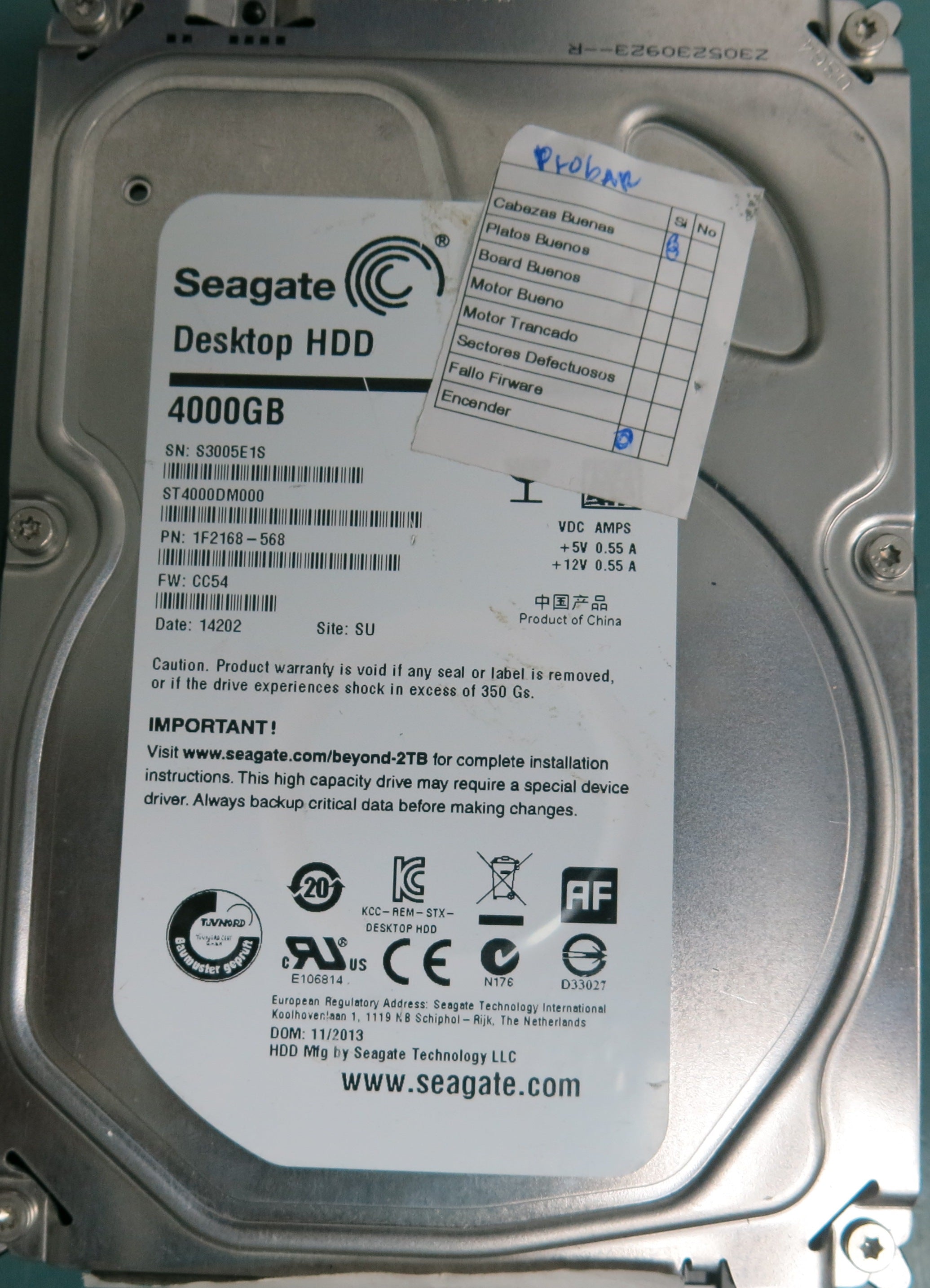 ST4000DM000,  P/N:1F2168-568,  FW:CC54,  Serial:S30005E1S,  4TB 3.5,  PCB:100710248- REV C