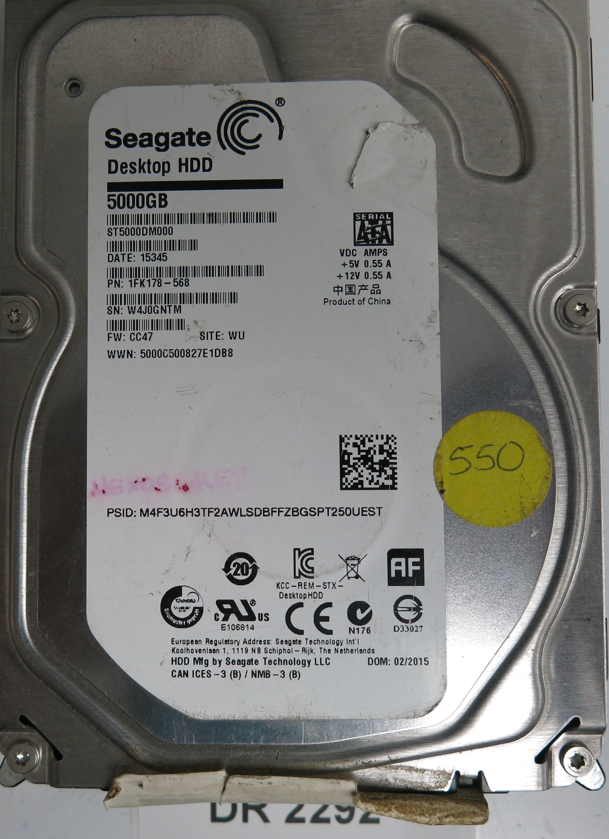 ST5000DM000, P/N: 1FK178-568, FW: CC47, Serial: W4J0GNTM, 500GB 3.5, PCB: 100721570 REV E