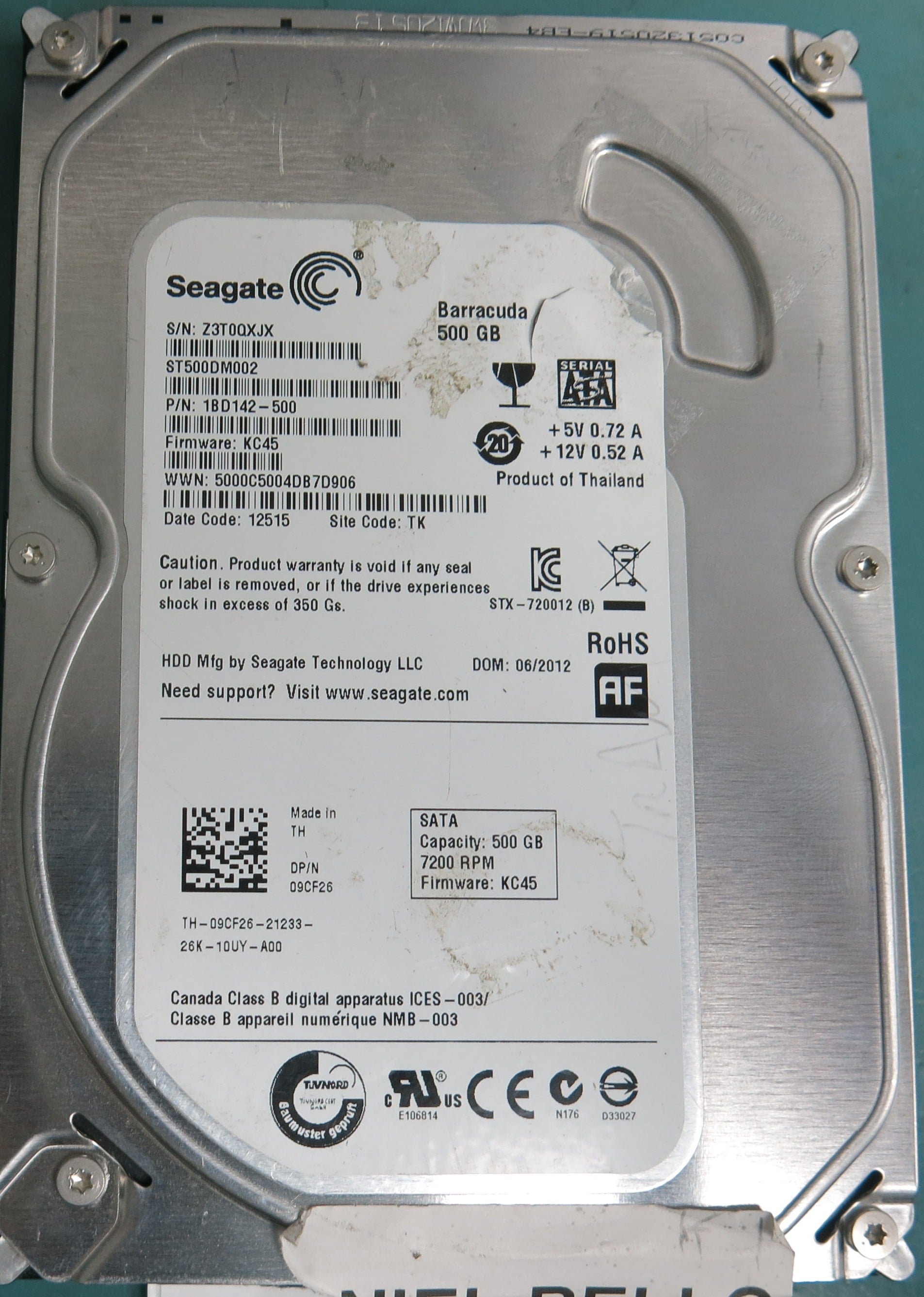 ST5000DM002, P/N: 1BDD142-500, FW: KC45, Serial: Z3T0QXJX, 500GB 3.5