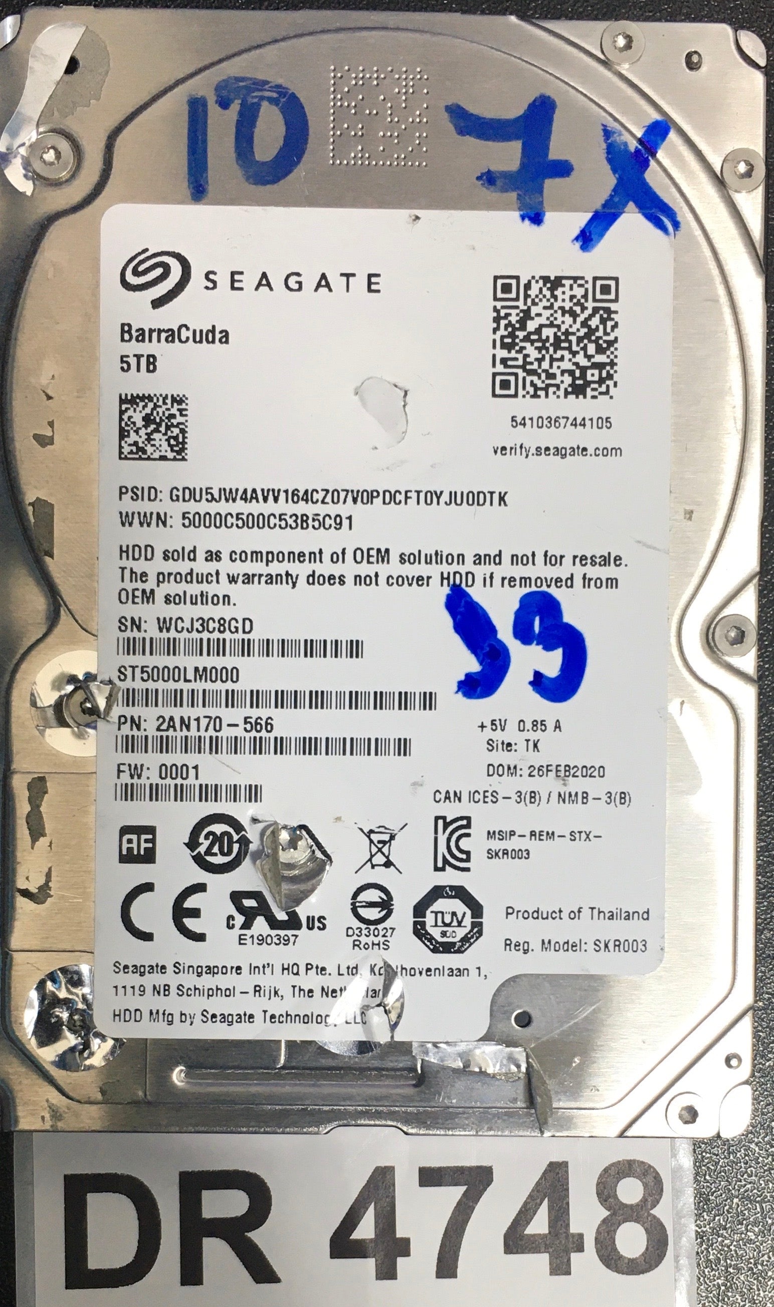 ST5000LM000,  P/N: 2AN170-566,  FW: 0001,  Serial: WCJ3C8GD,  5TB 2.5,  PCB: 100794976- REV C,