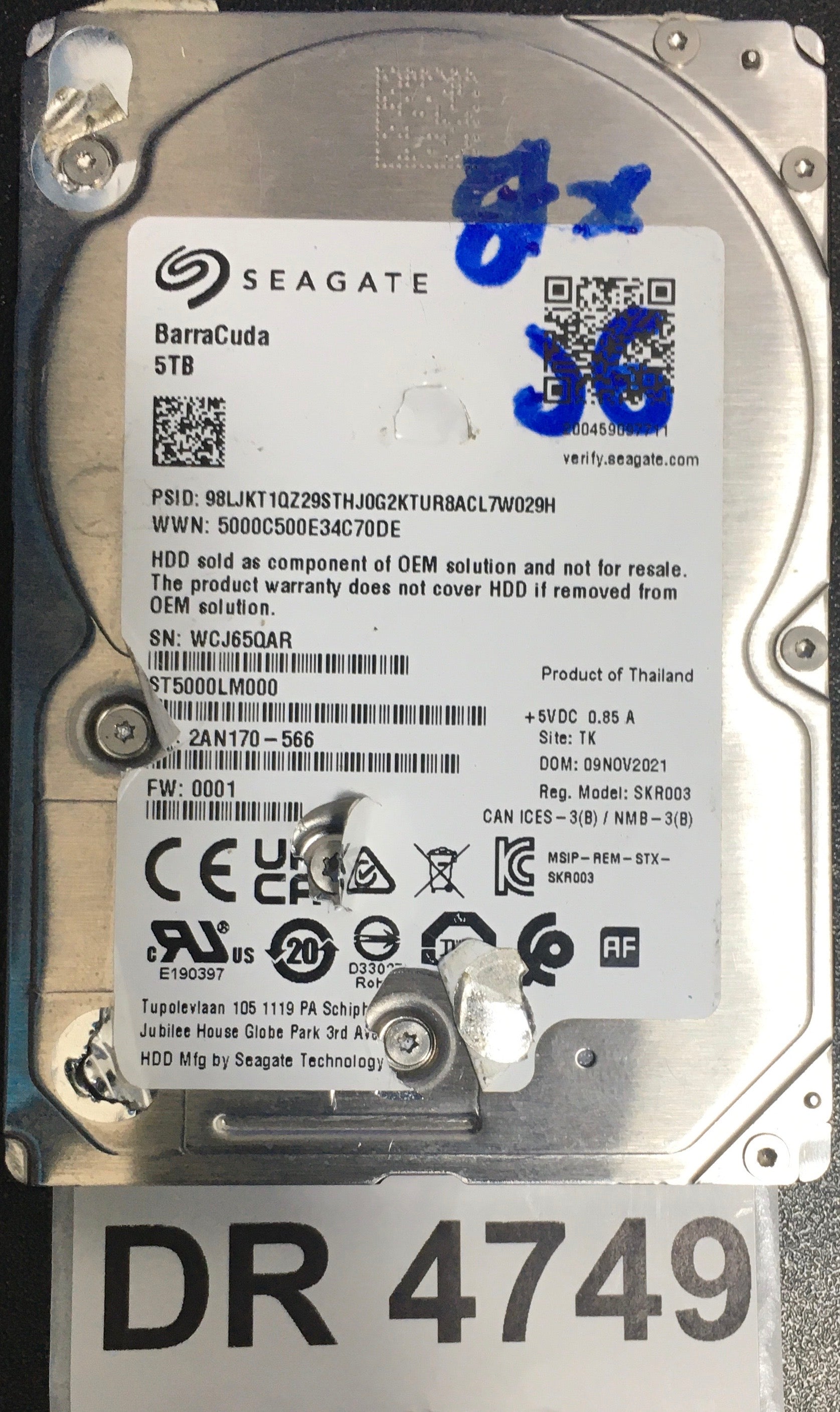 ST5000LM000,  P/N: 2AN170-566,  FW: 0001,  Serial: WCJ65QAR,  5TB 2.5,  PCB: 100794976- REV C,