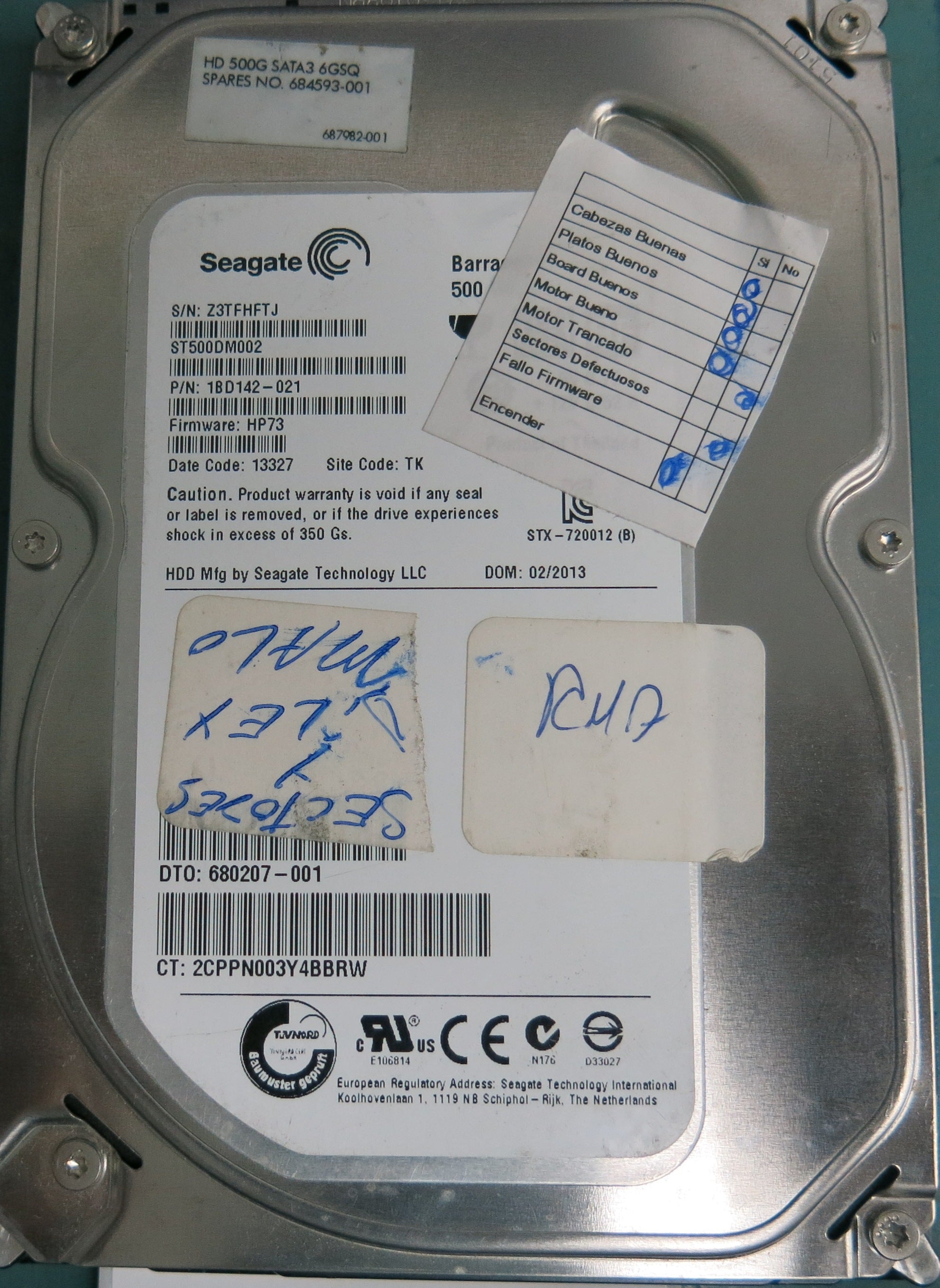 ST500DM002 P/N: 1BD142-021 FW: HP73 Serial: Z3TFHFTJ 500GB 3.5  PCB: 100535704 REV D