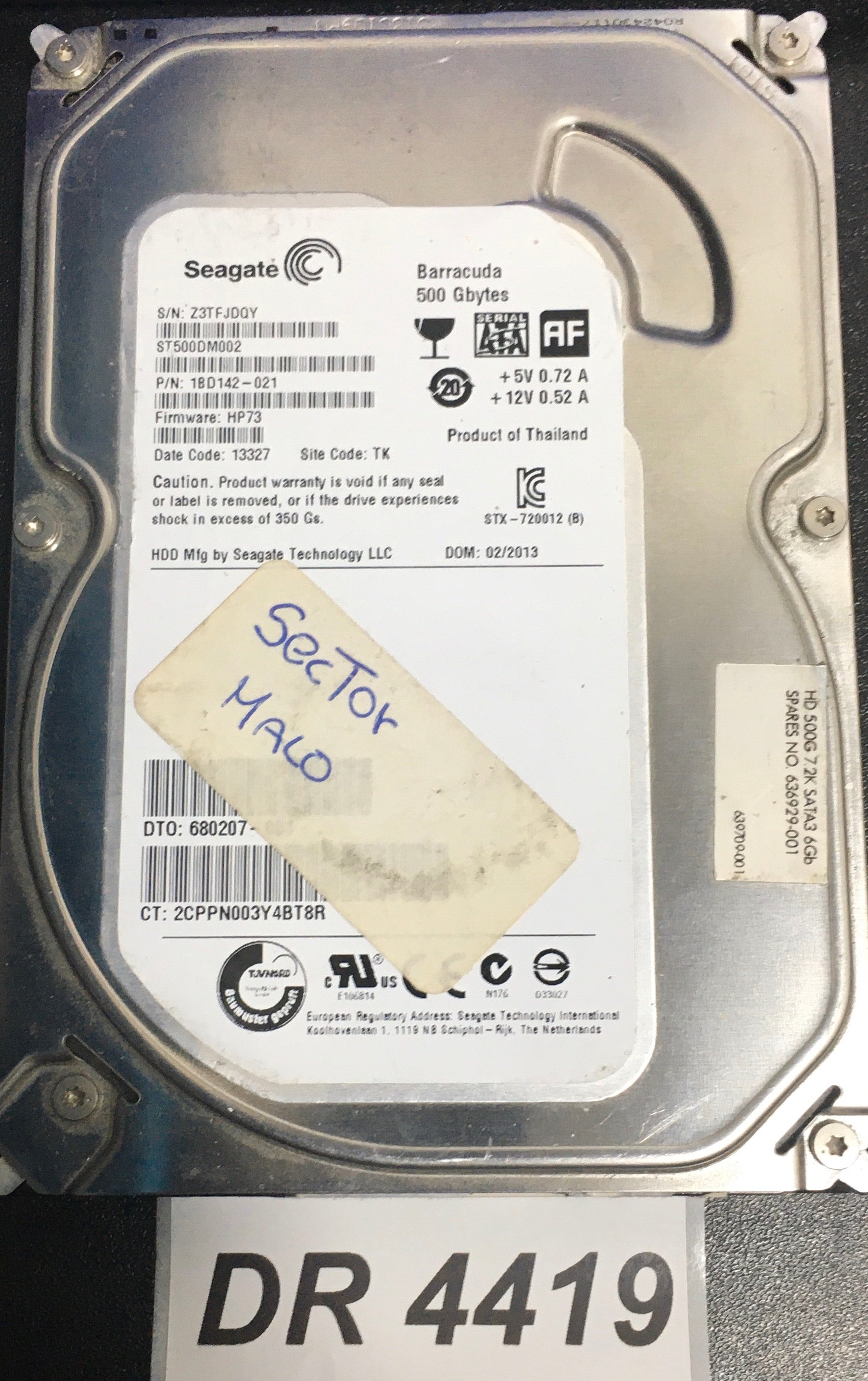 ST500DM002 P/N:  1BD142-021  FW:HP73 Serial: Z3TFJDQY  500GB 3.5  PCB: 100535704 REV A