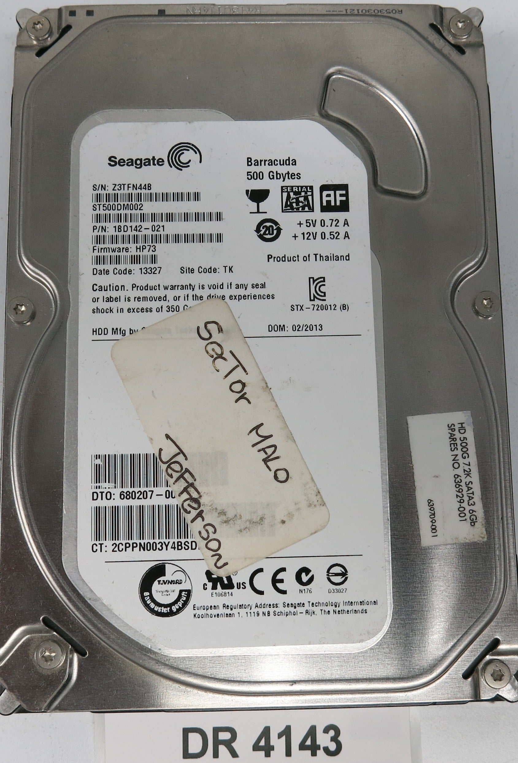 ST500DM002, P/N: 1BD142-021, FW: HP73, Serial: Z3TFN44B, 500GB 3.5, PCB: 100535704 REV C