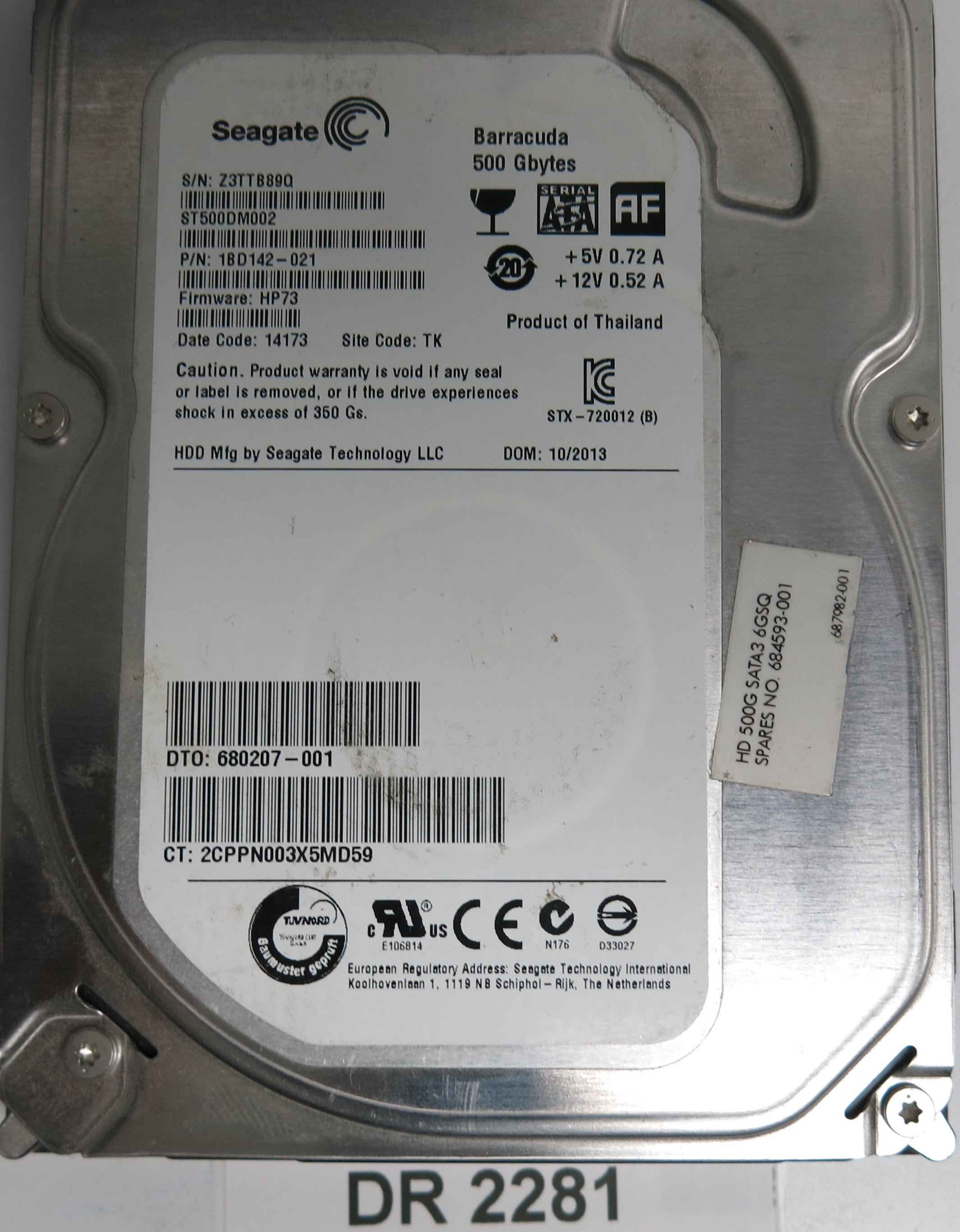 ST500DM002, P/N: 1BD142-021, FW: HP73, Serial: Z3TTB89Q, 500GB 3.5, PCB: 100535704 REV C