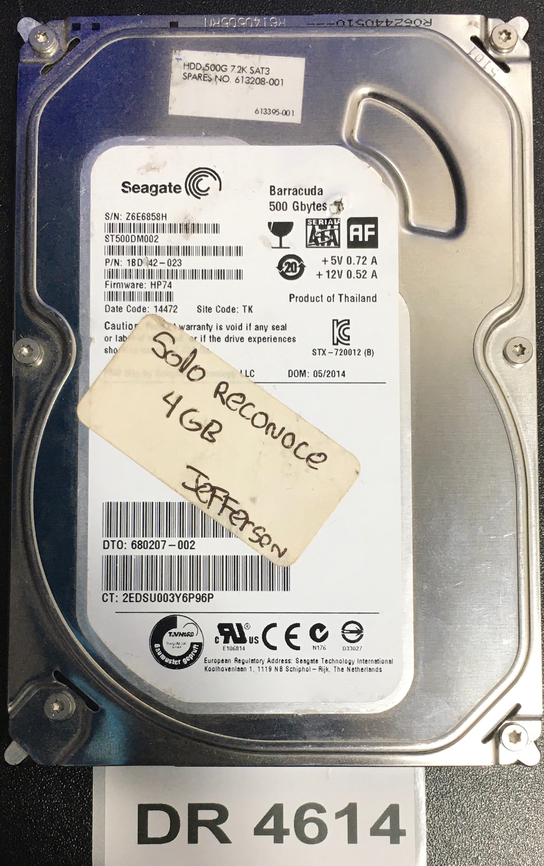 ST500DM002,  P/N: 1BD142-023,  FW: HP74,  Serial: Z6E6858H,  500GB 3.5  PCB:100535704- REV D