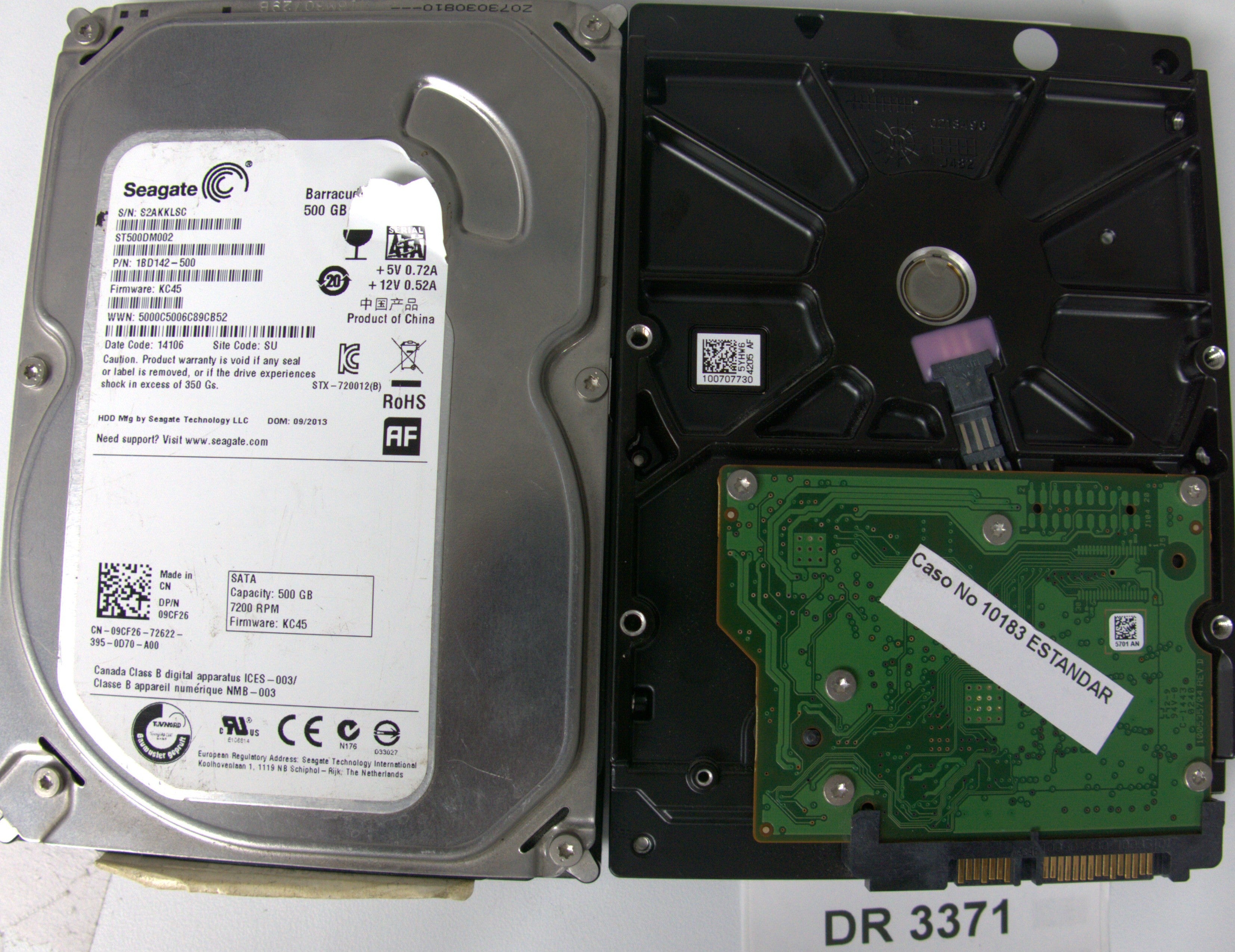 ST500DM002, P/N: 1BD142-500, FW: KC45, Serial: S2AKKLSC, 500GB 3.5, PCB: 100535704 REV C