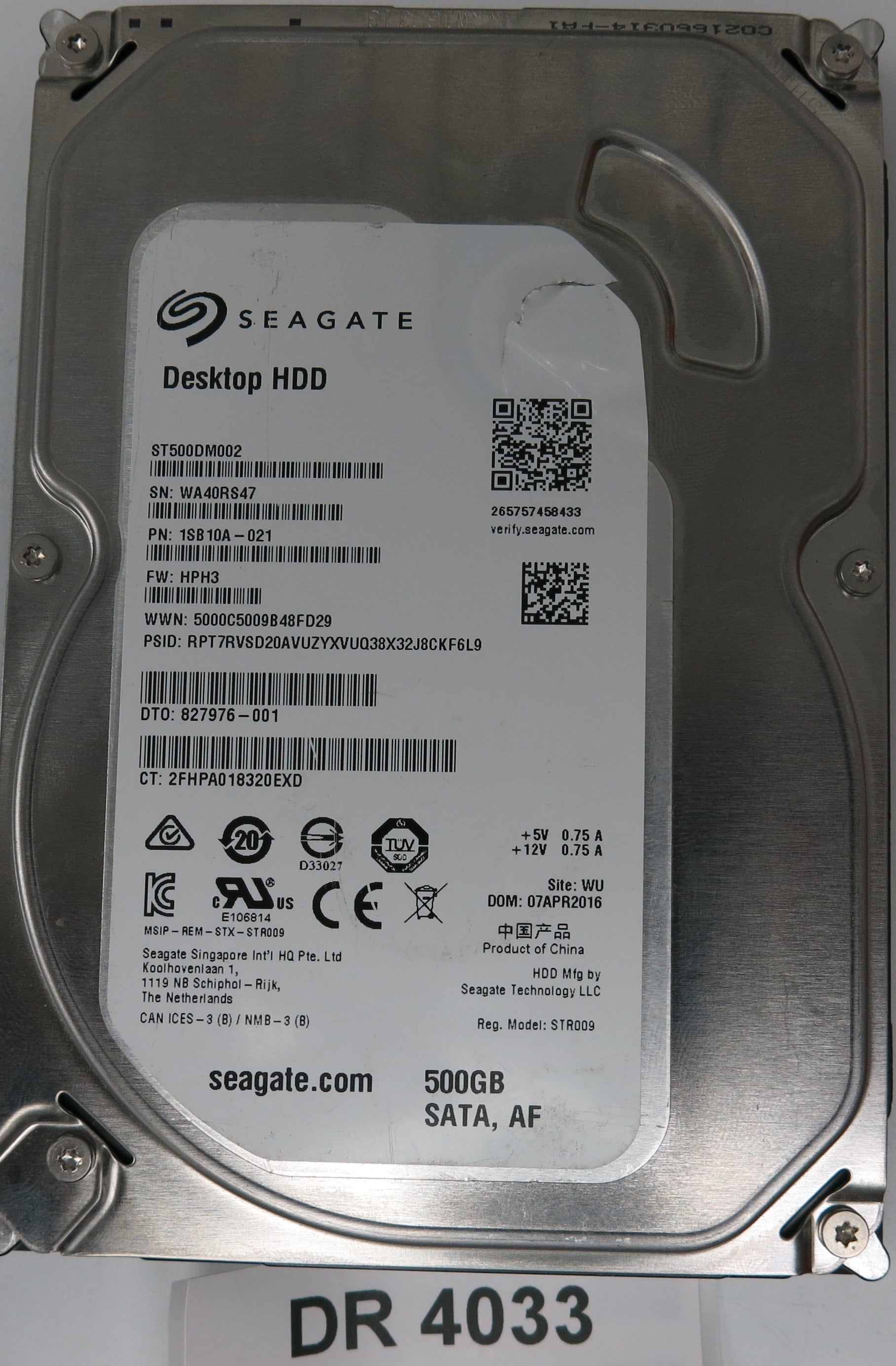 ST500DM002, P/N: 1SB10A-021, FW: HPH3, Serial: WA40RS47, 500GB 3.5, PCB: 100774000 REV