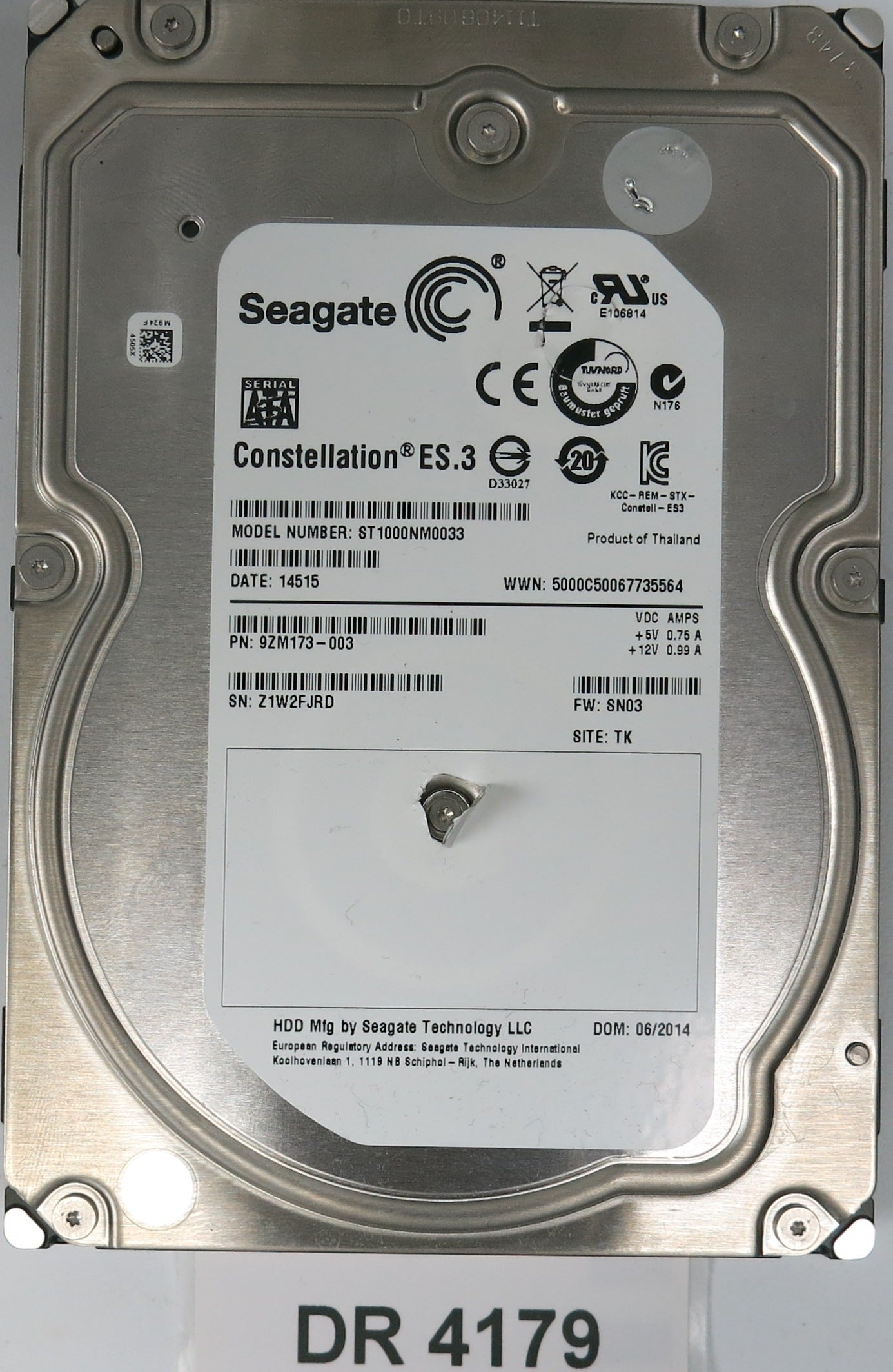 ST1000NM0033,  P/N:9ZM173-003,  FW:SN03,  Serial:Z1W2FJRD,  1000GB 3.5,  PCB:100706008- REV C