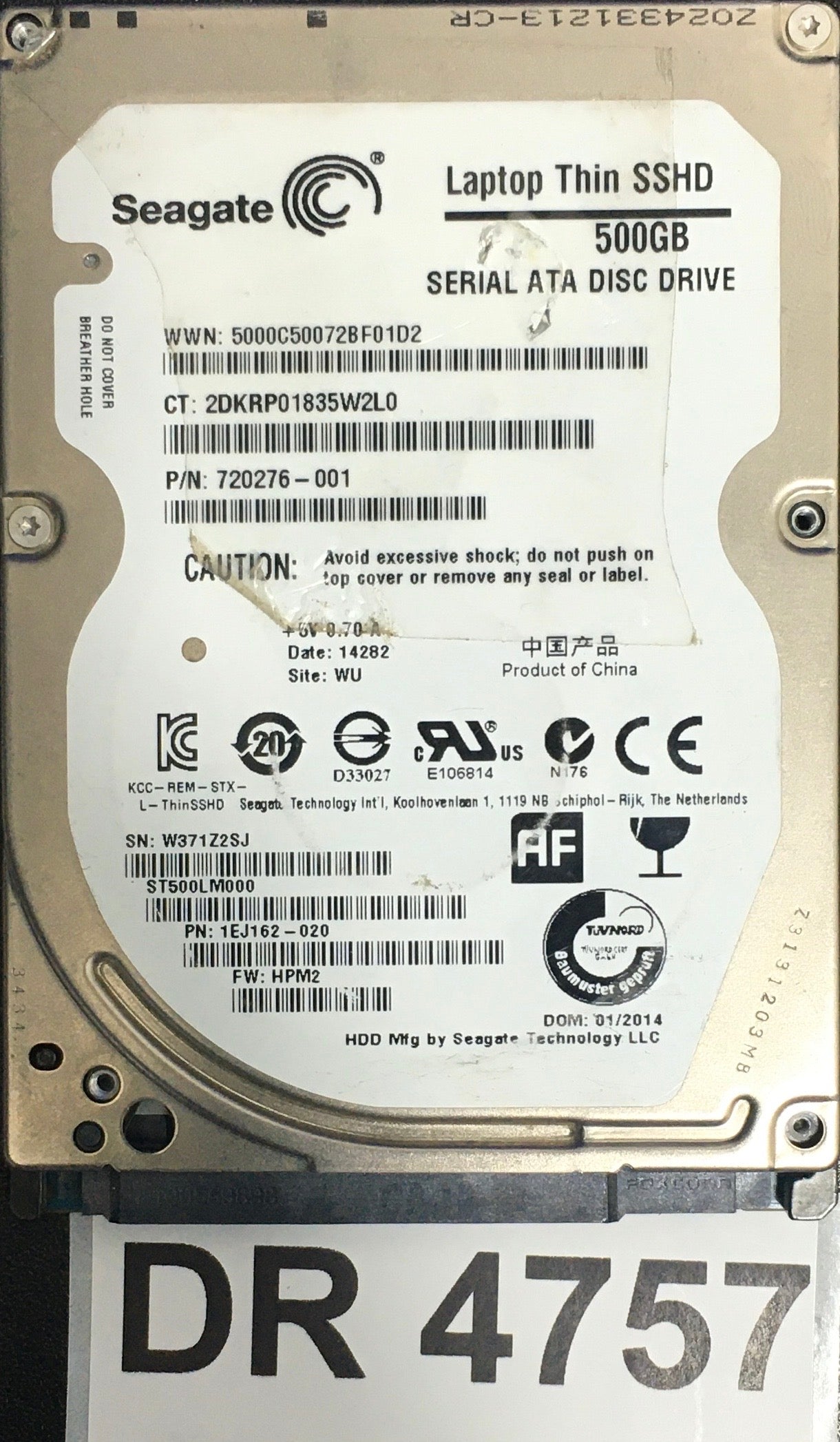ST500LM000,  P/N: 1EJ162-020,  FW: HPM2,  Serial: W371Z2SJ,  500GB 2.5,  PCB: 1000705349- REV D,