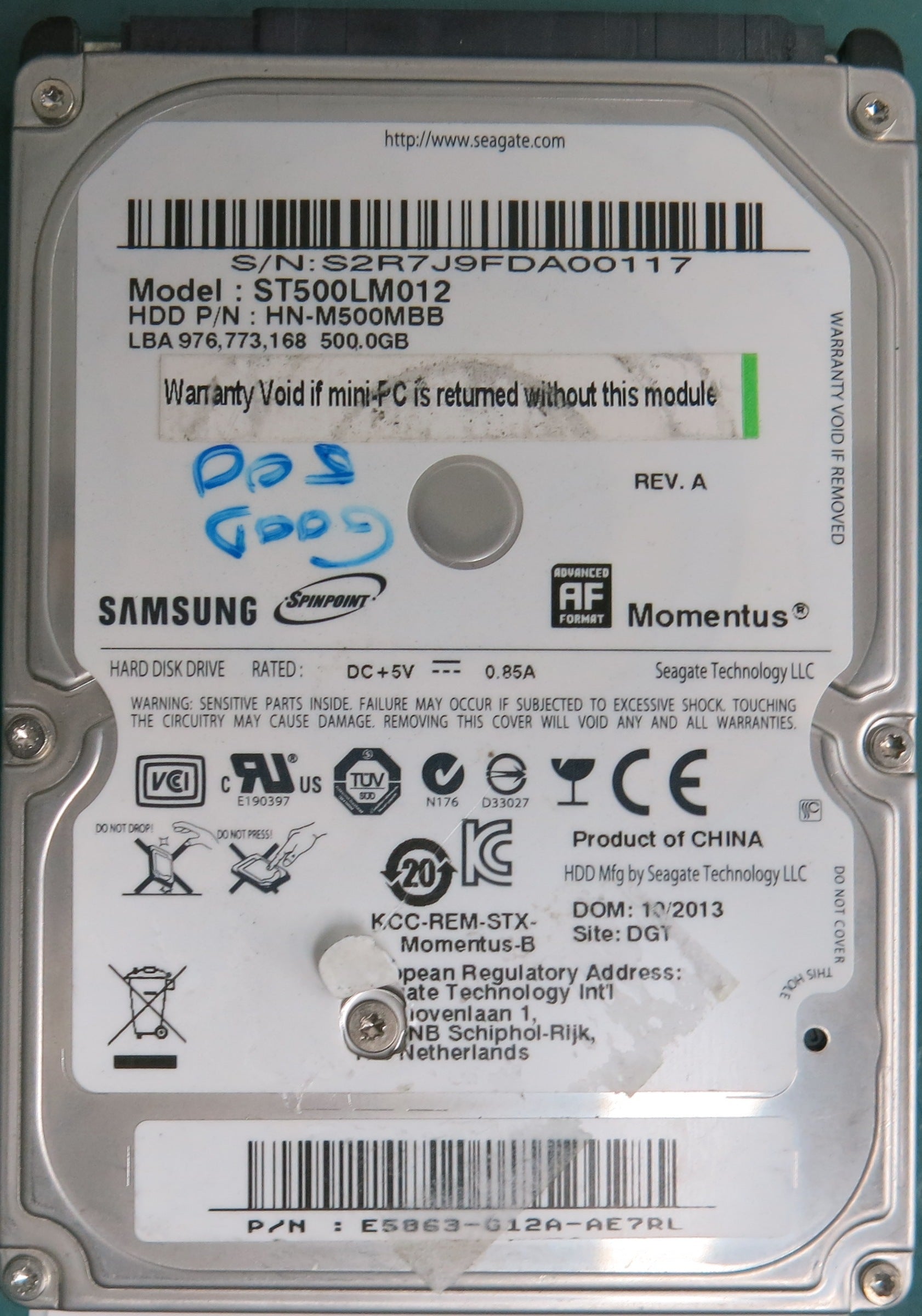 ST500LM012, SERIAL: S2R7J9FDA00117, 500GB 2.5