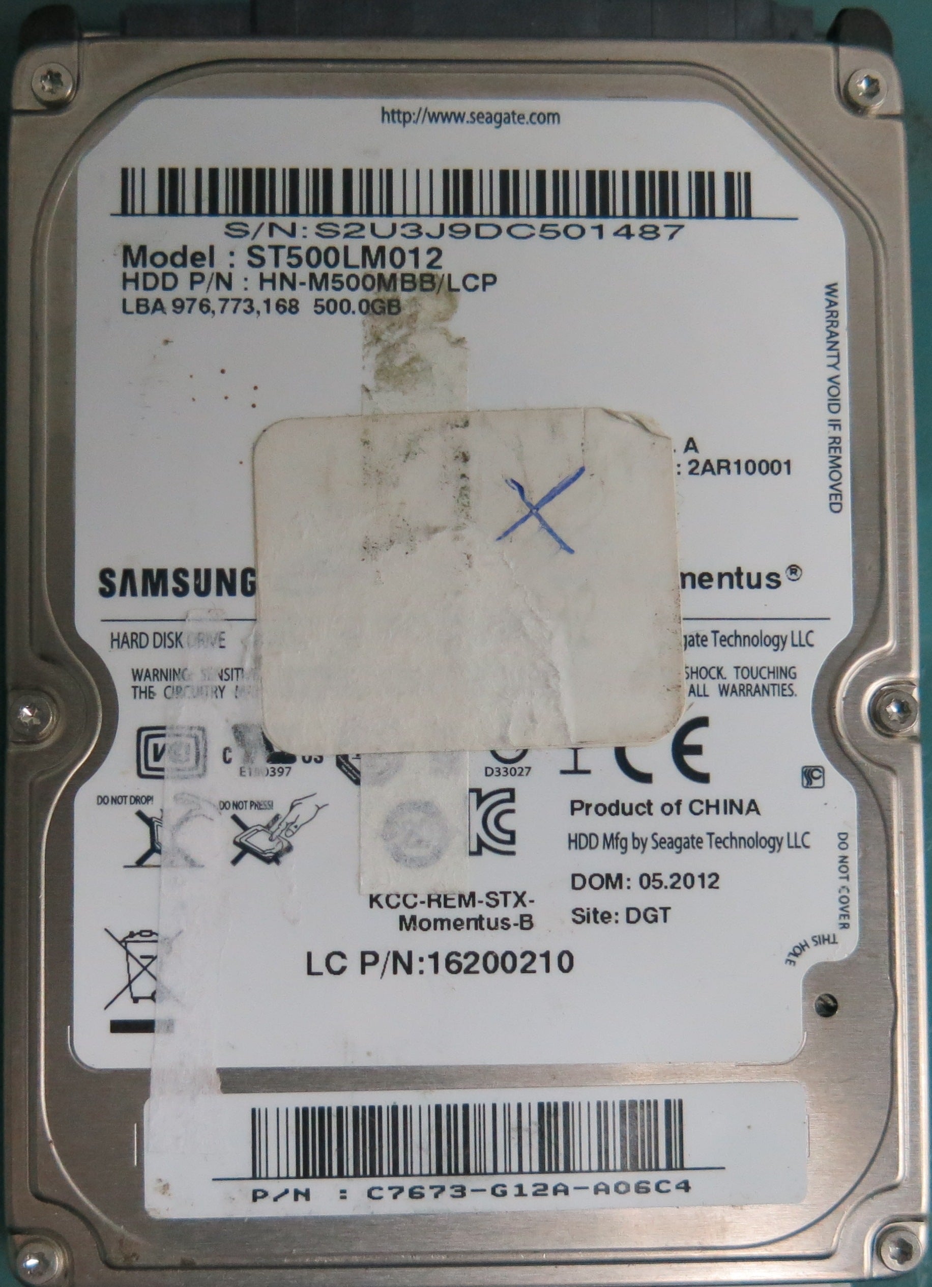 ST500LM012, SERIAL: S2U3J9DC501487, 500GB 2.5