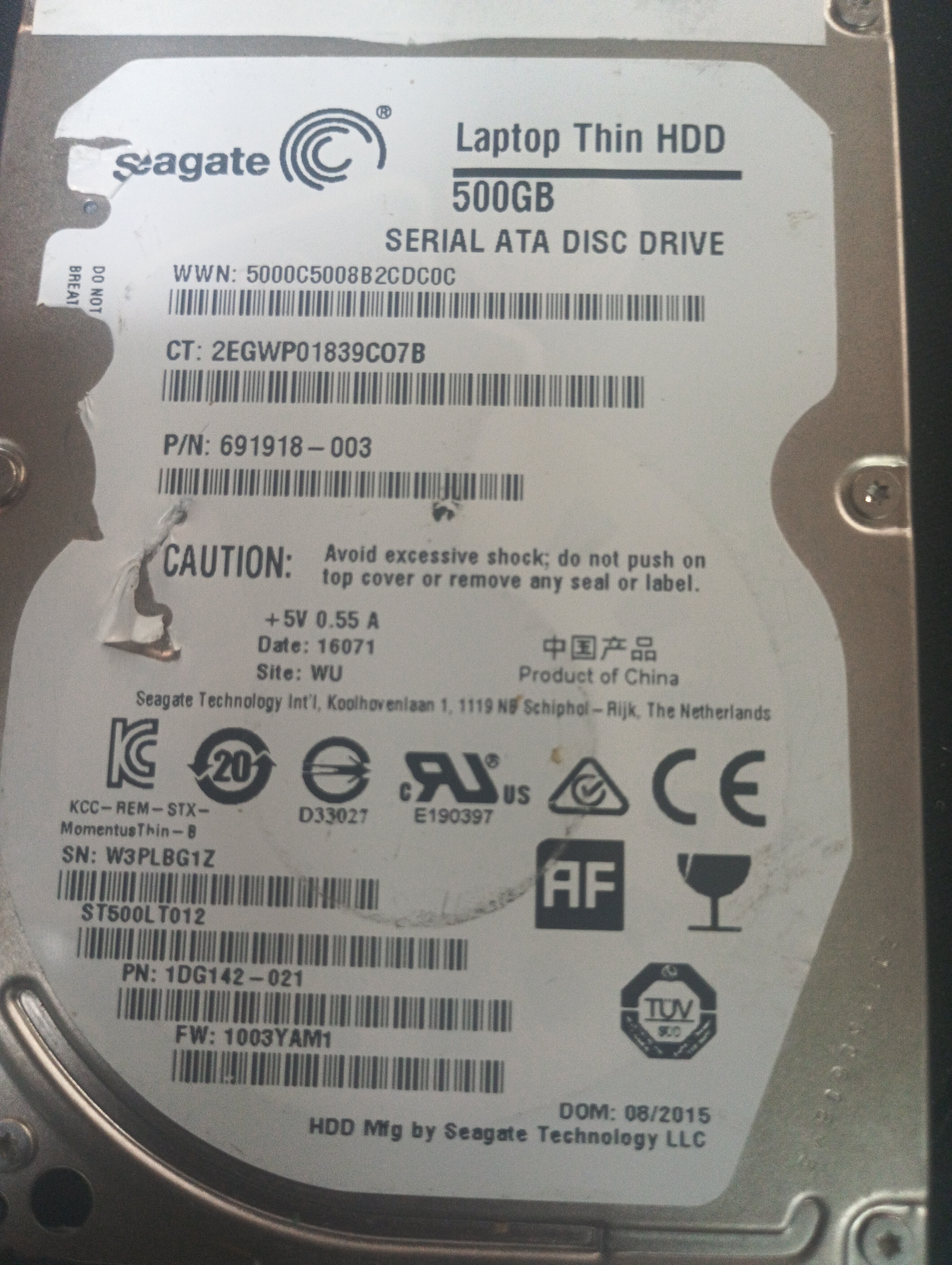 ST500LT012,  P/N: 1DG142-021,  FW: 1003YAM1,  Serial: W3PLBG1Z,  500GB 2.5,  PCB: 100729420- REV B,