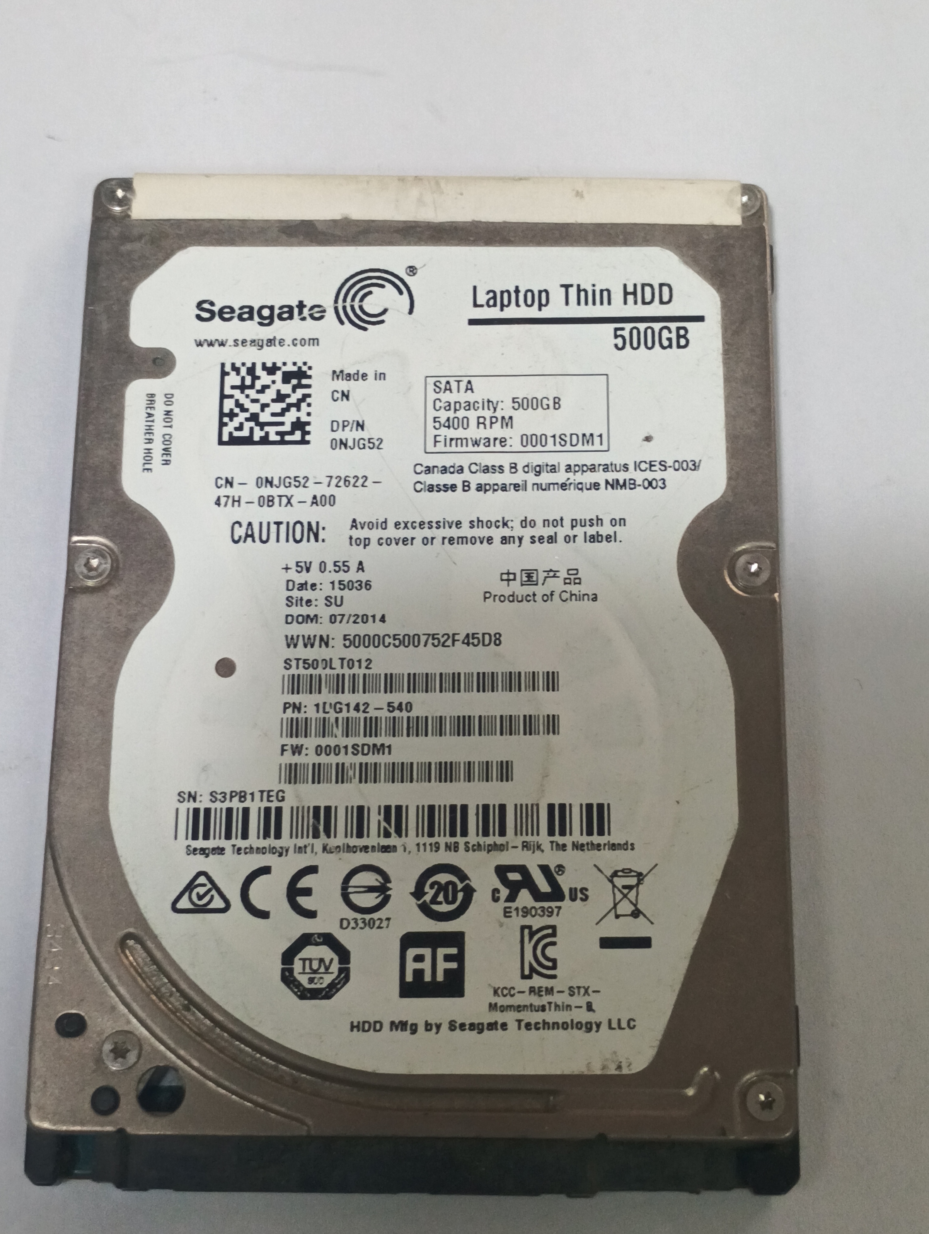 ST500LT012,  P/N: 1DG142-540,  FW: 0001SDM1,  Serial: S3PB1TRG,  500GB 2.5,  PCB:100729420- REV B,