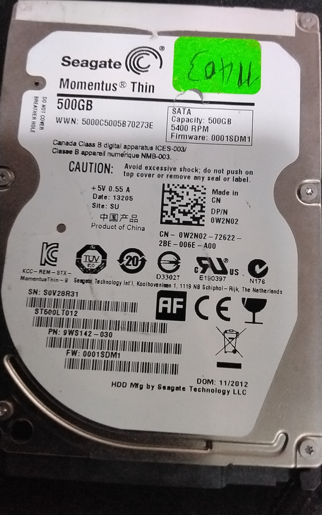 ST500LT012,  P/N: 9WS142-030,  FW: 0001SDM1,  Serial: S0V28R31,  500GB 2.5,  PCB: 100696152- REV B,