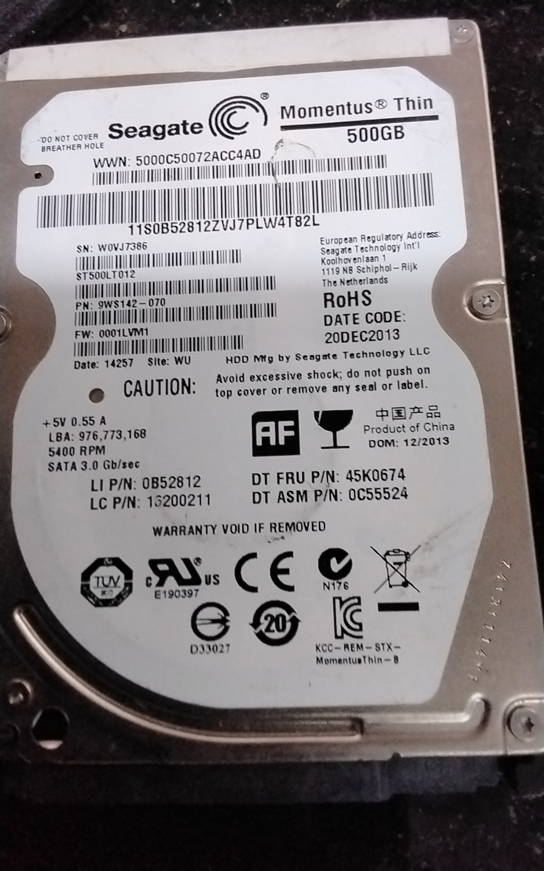 ST500LT012,  P/N: 9WS142-070,  FW: 0001LVM1,  Serial: W0VJ7386,  500GB 2.5,  PCB: 100696152- REV C,