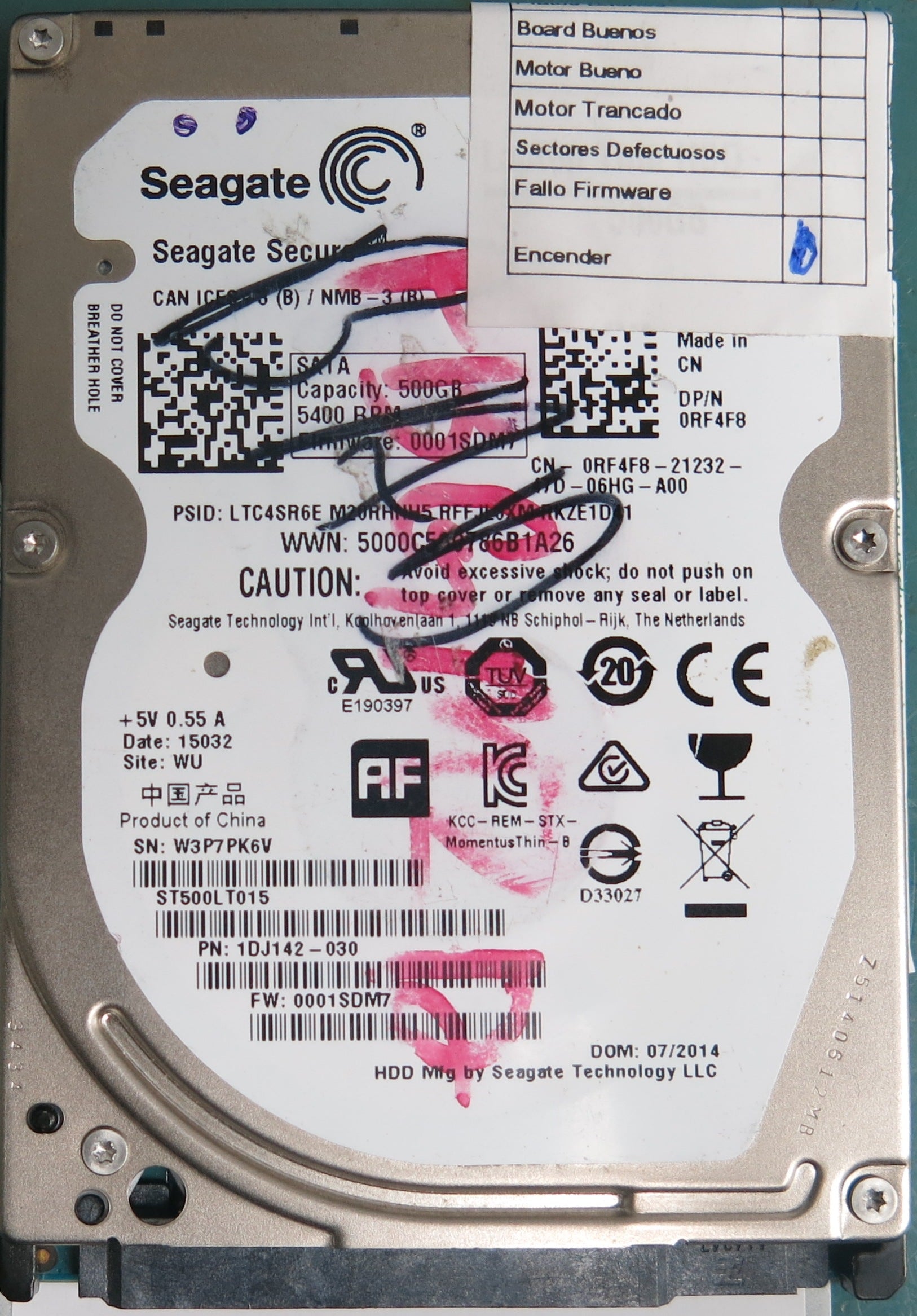 ST500LT015, P/N: 1DJ142-030, FW: 0001SDM7, Serial: W3P7PK6V, 500GB 2.5