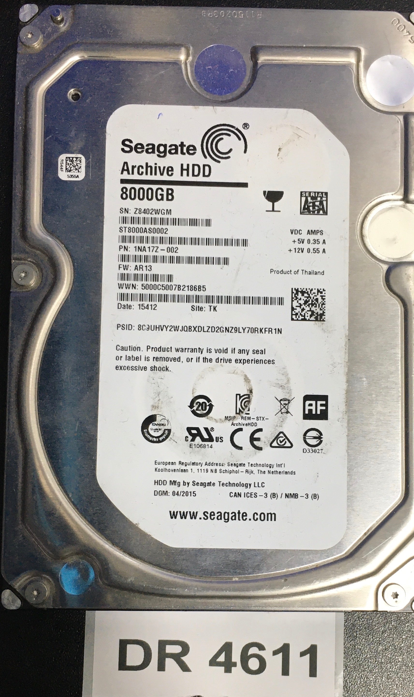 ST8000AS0002,  P/N: 1NA17Z-002,  FW: AR13,  Serial: Z8402WGM,  8000GB 3.5  PCB:100745573- REV B