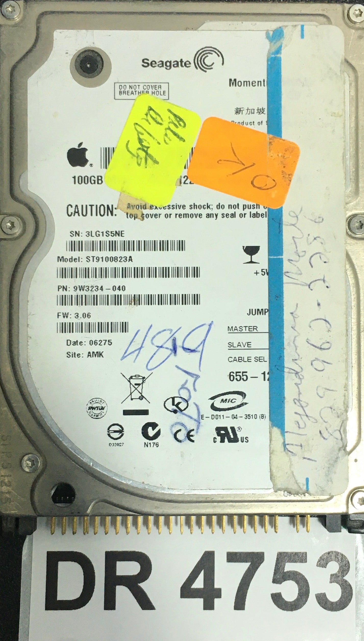 ST9100823A,  P/N: 9W3234-040,  FW: 3.06,  Serial: 3LG1S5NE,  100GB 2.5,  PCB: 100342240- REV A,