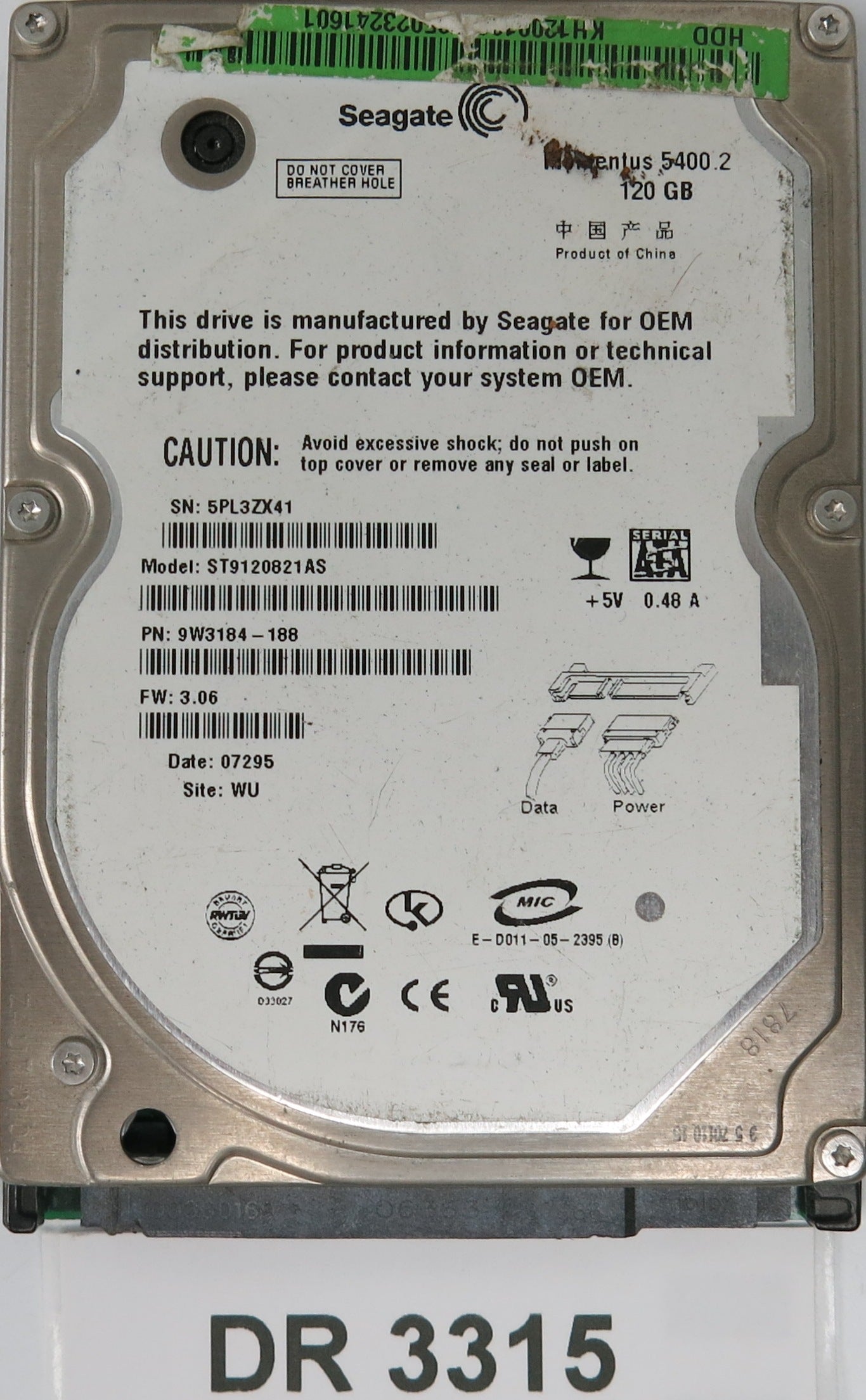 ST9120821AS, P/N: 9W3184-188, FW: 3.06, Serial: 5PL3ZX41, 120GB 3.5, PCB:100349359 REV