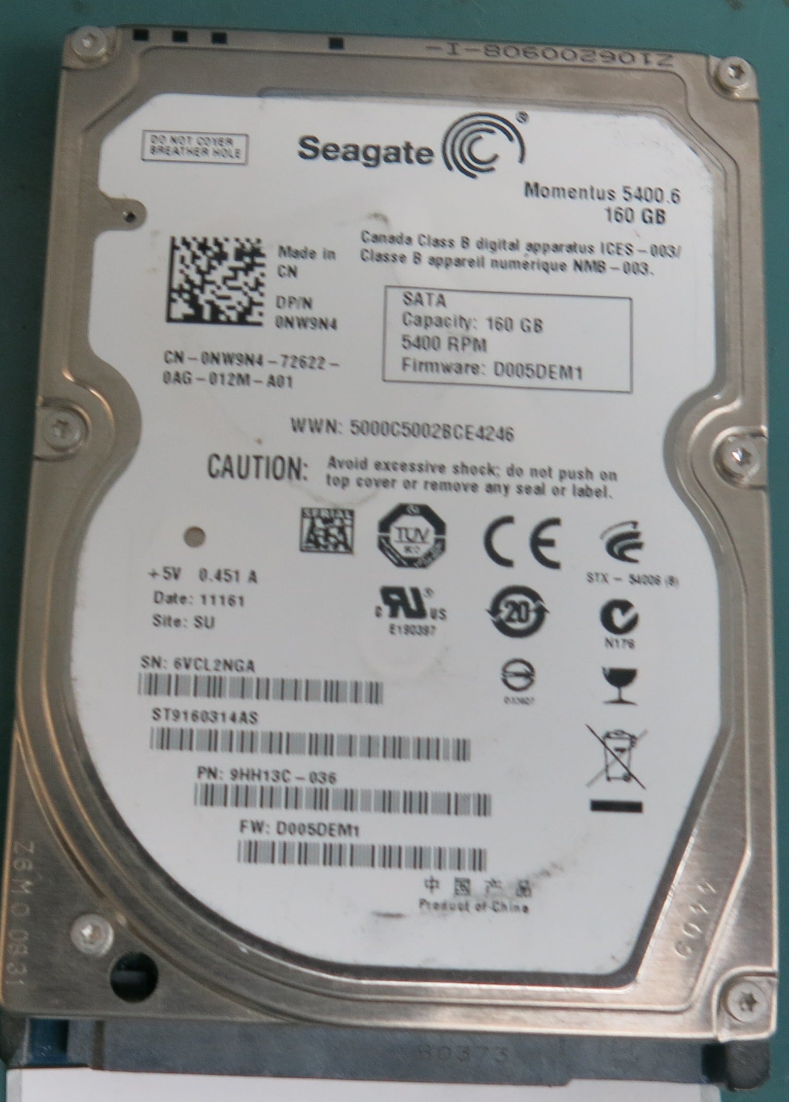 ST9160314AS, P/N:  9HH13C-036, FW: D005DEM1, 160GB 2.5