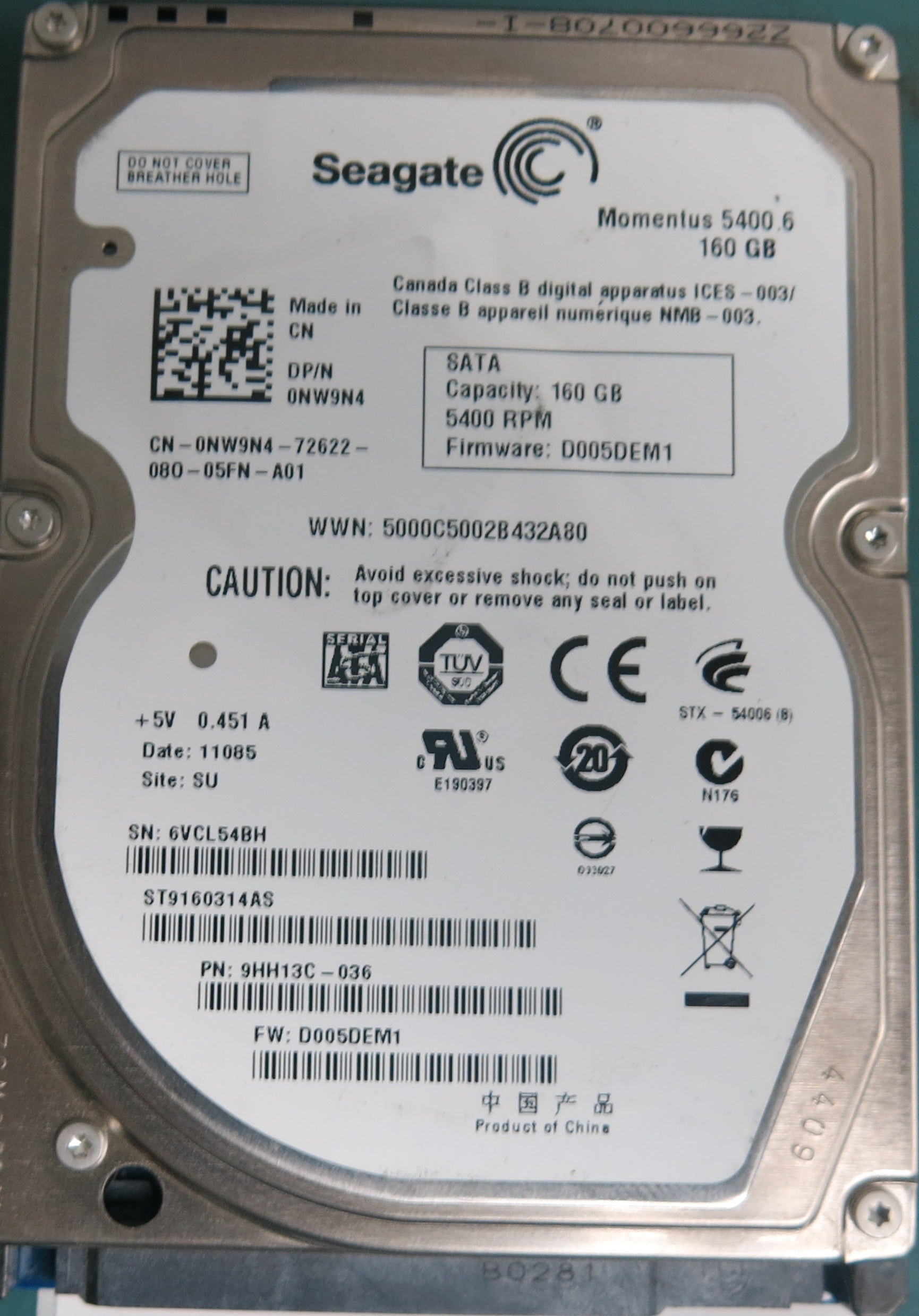 ST9160314AS, P/N: 9HH13C-036, FW: D005DEM1, Serial: 6VCL54BH, 160GB 3.5