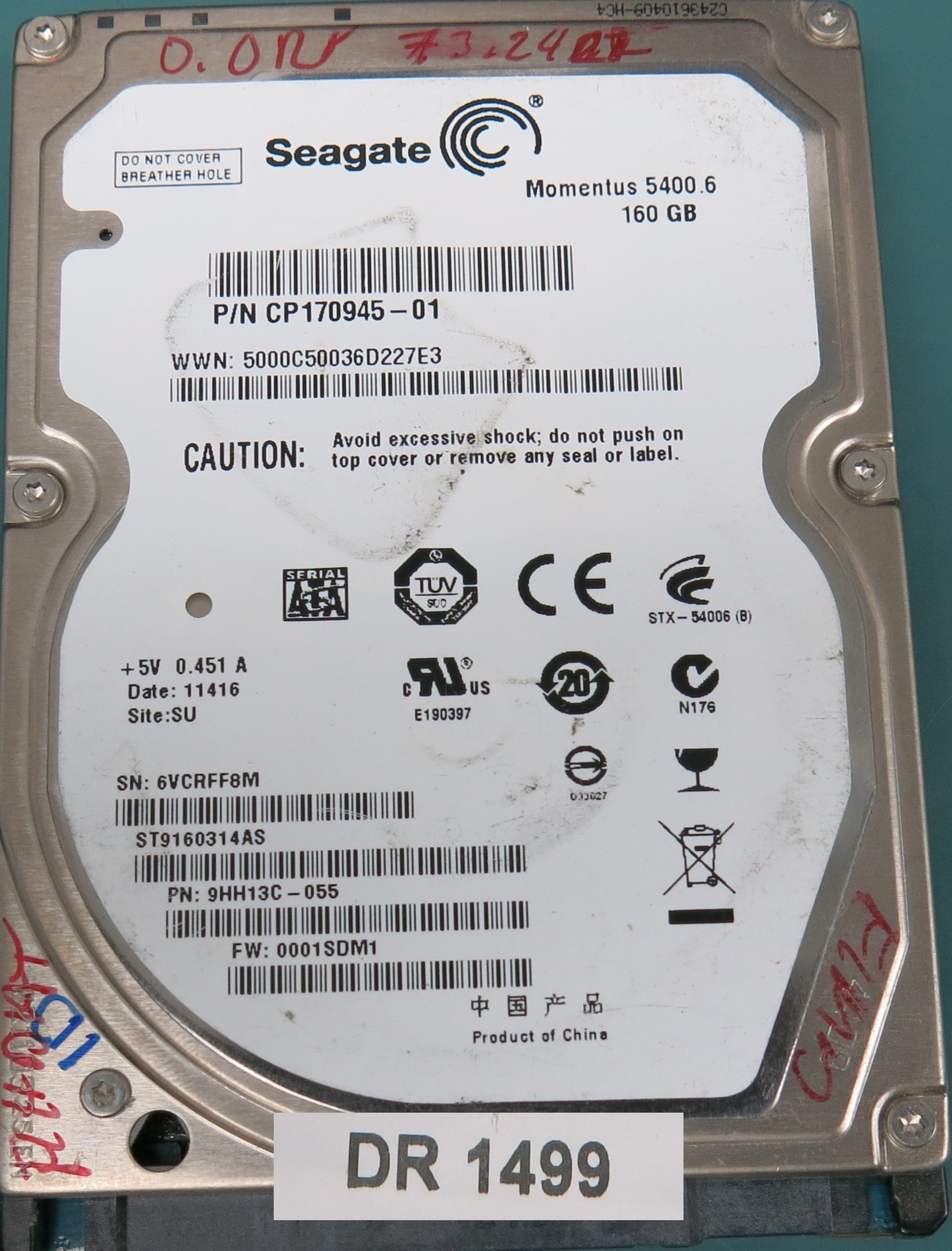ST9160314AS, P/N: 9HH13C-055, FW: 0001SDM1, Serial r: 6VCRFF8M, 160GB 2.5, PCB: 100565308 REV A